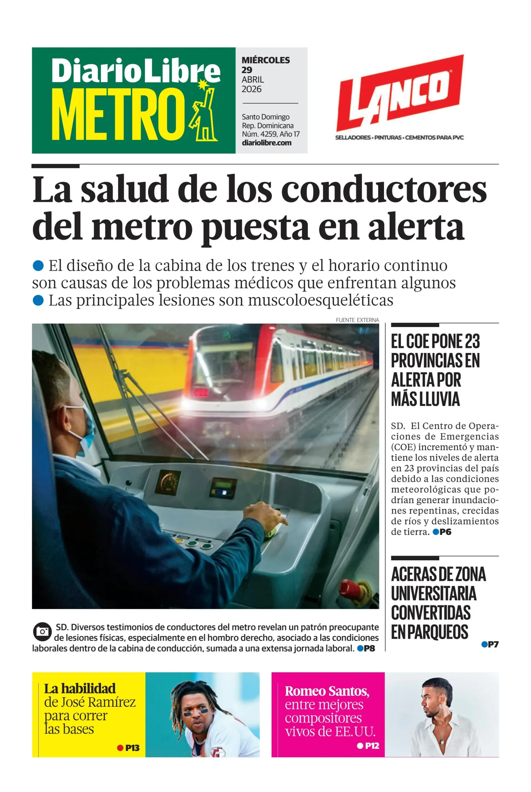 Portada Periódico Diario Libre Metro, Miércoles 29, Abril 2026