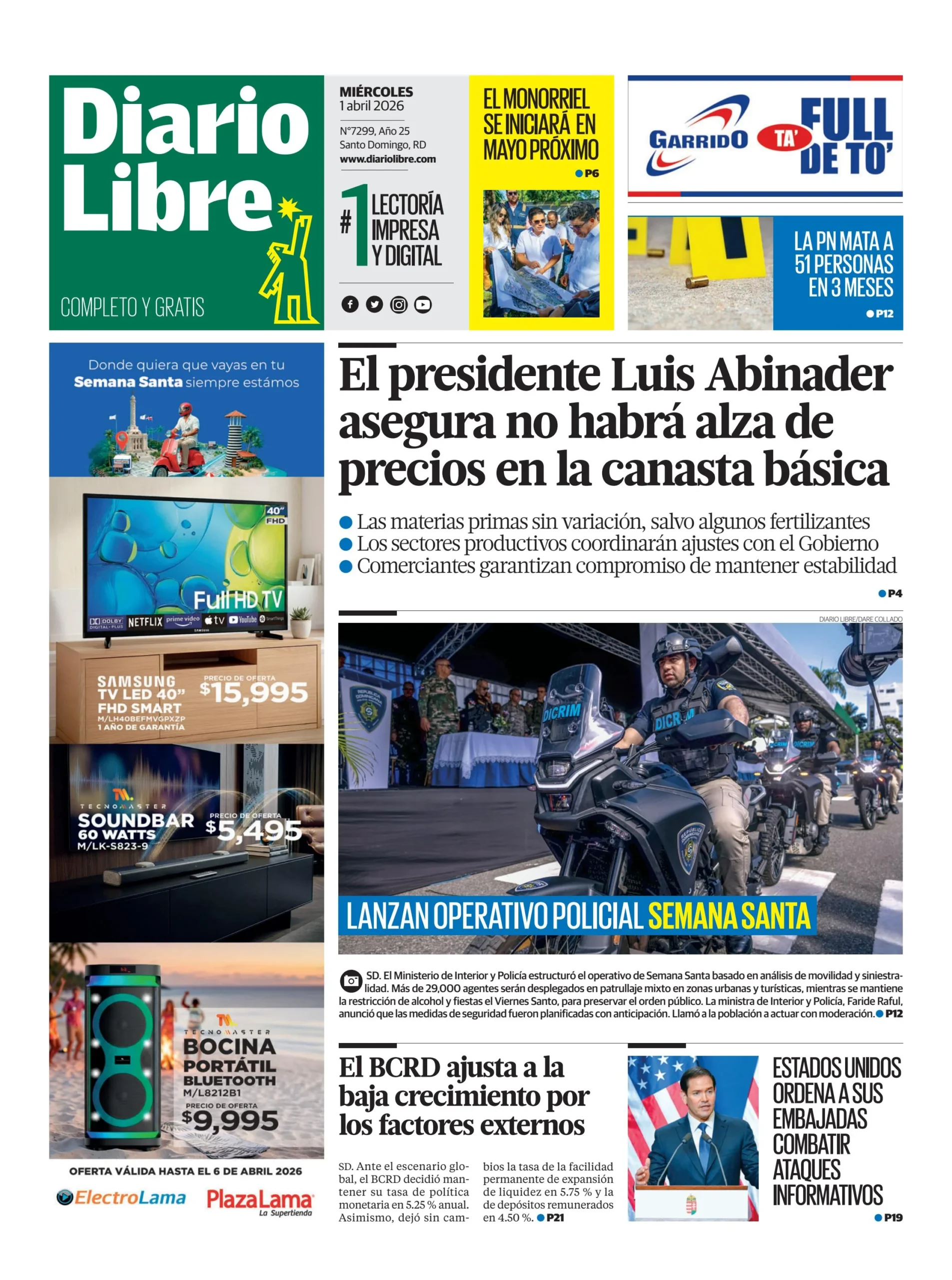 Portada Periódico Diario Libre, Miércoles 01, Abril 2026