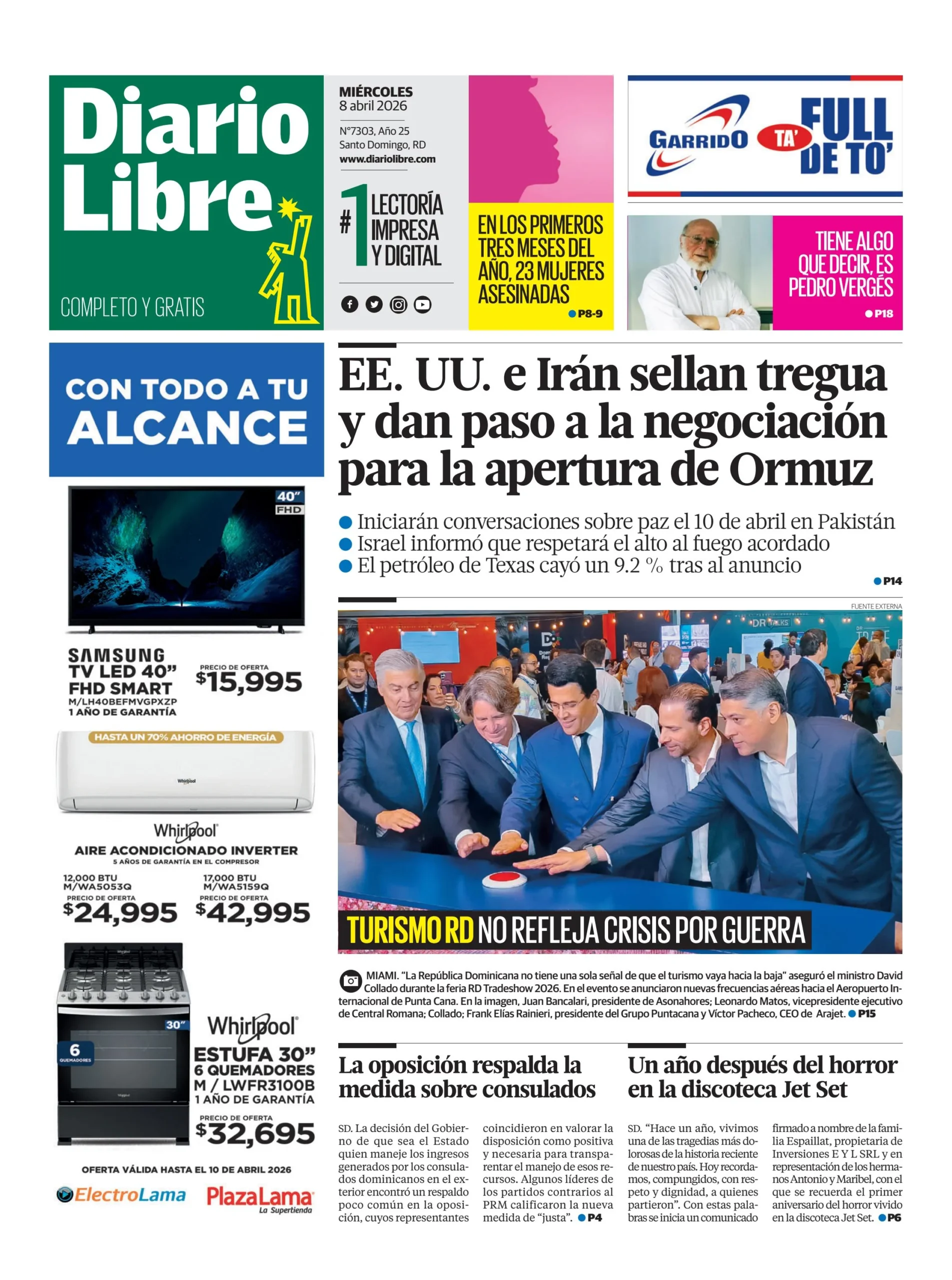 Portada Periódico Diario Libre, Miércoles 08, Abril 2026