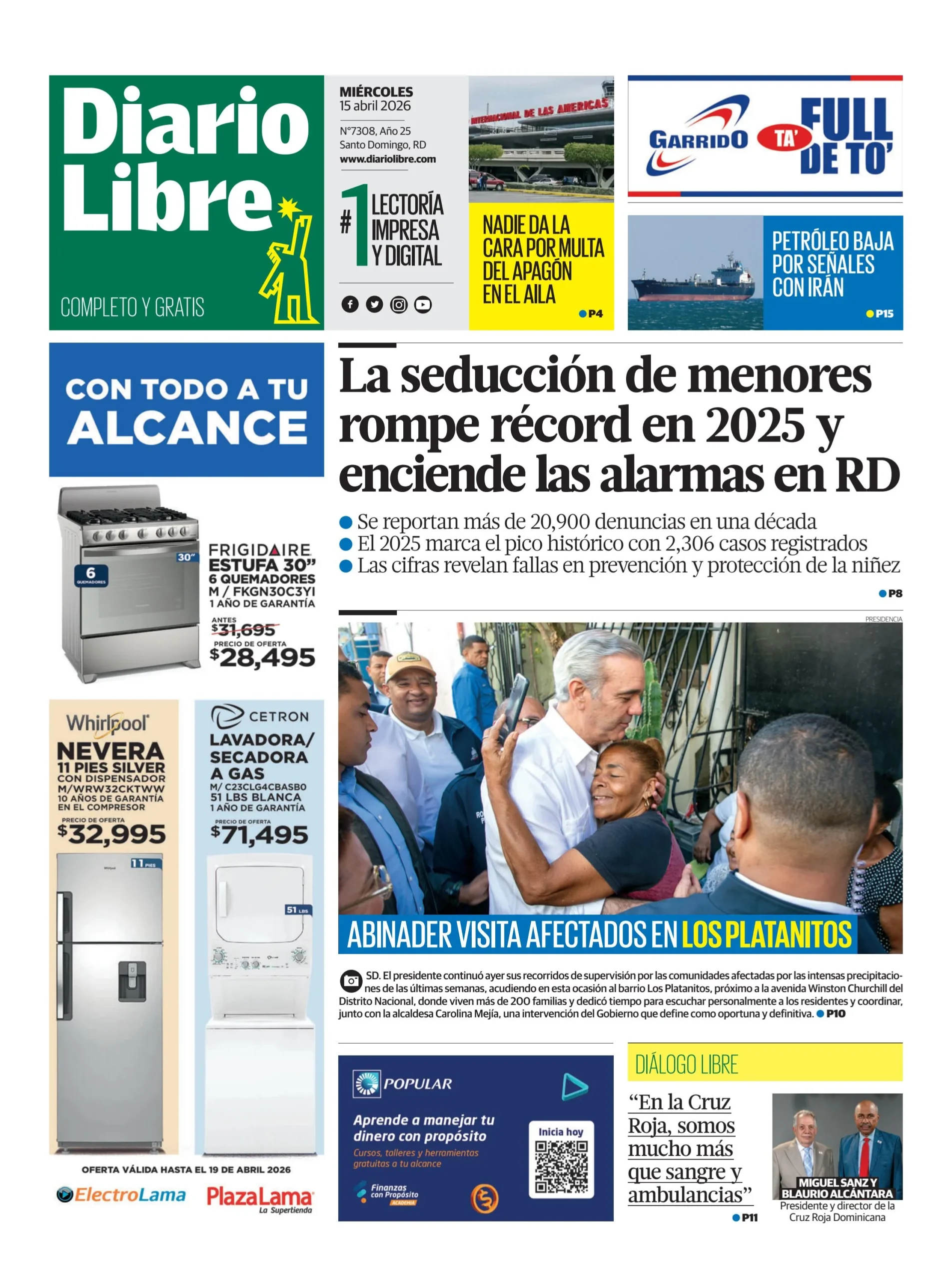 Portada Periódico Diario Libre, Miércoles 15, Abril 2026