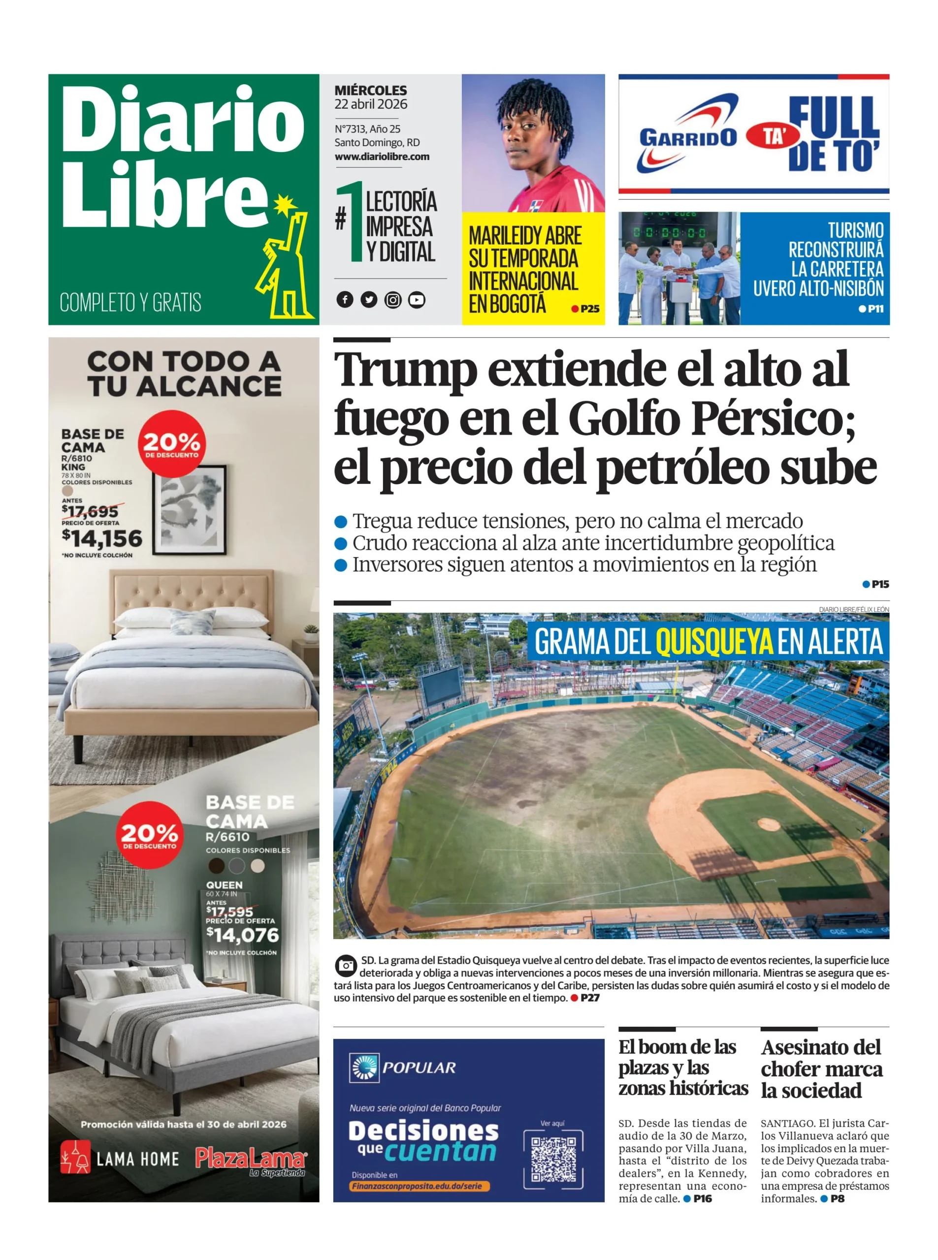 Portada Periódico Diario Libre, Miércoles 22, Abril 2026