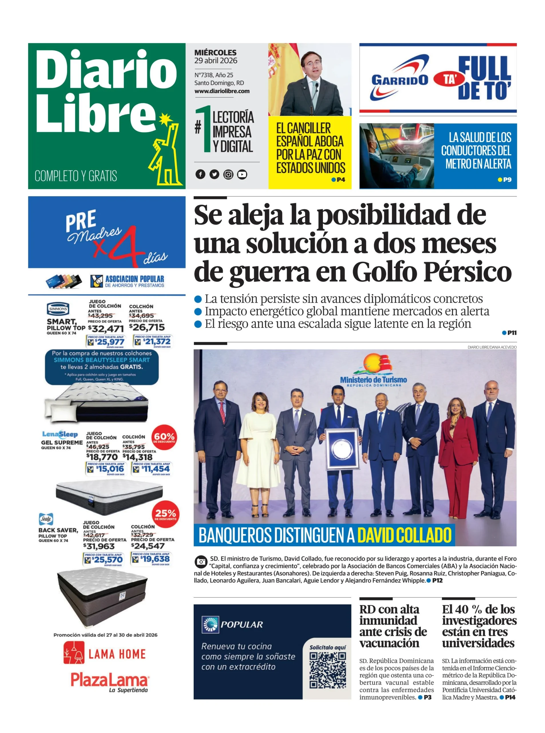 Portada Periódico Diario Libre, Miércoles 29, Abril 2026