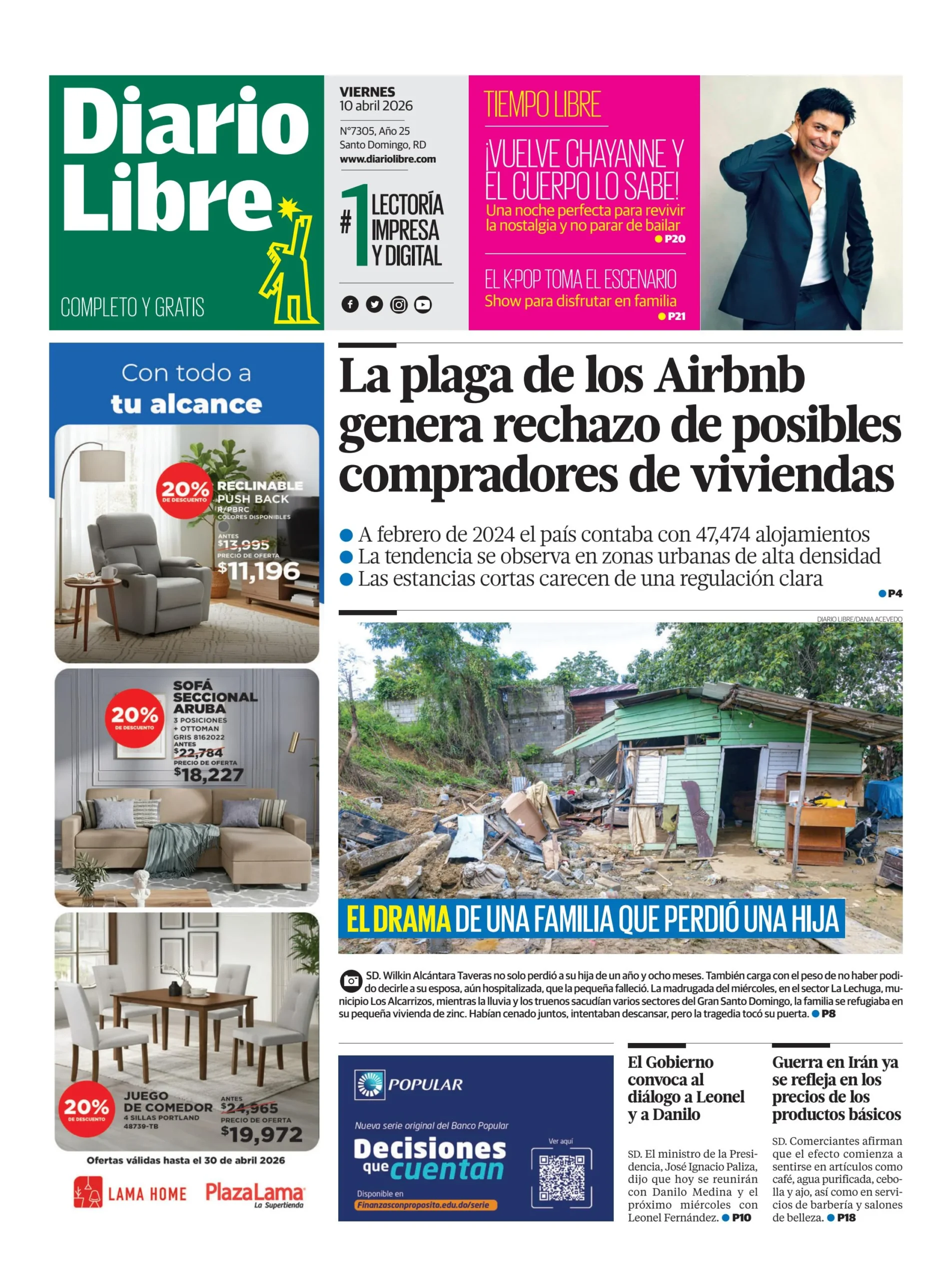 Portada Periódico Diario Libre, Viernes 10, Abril 2026