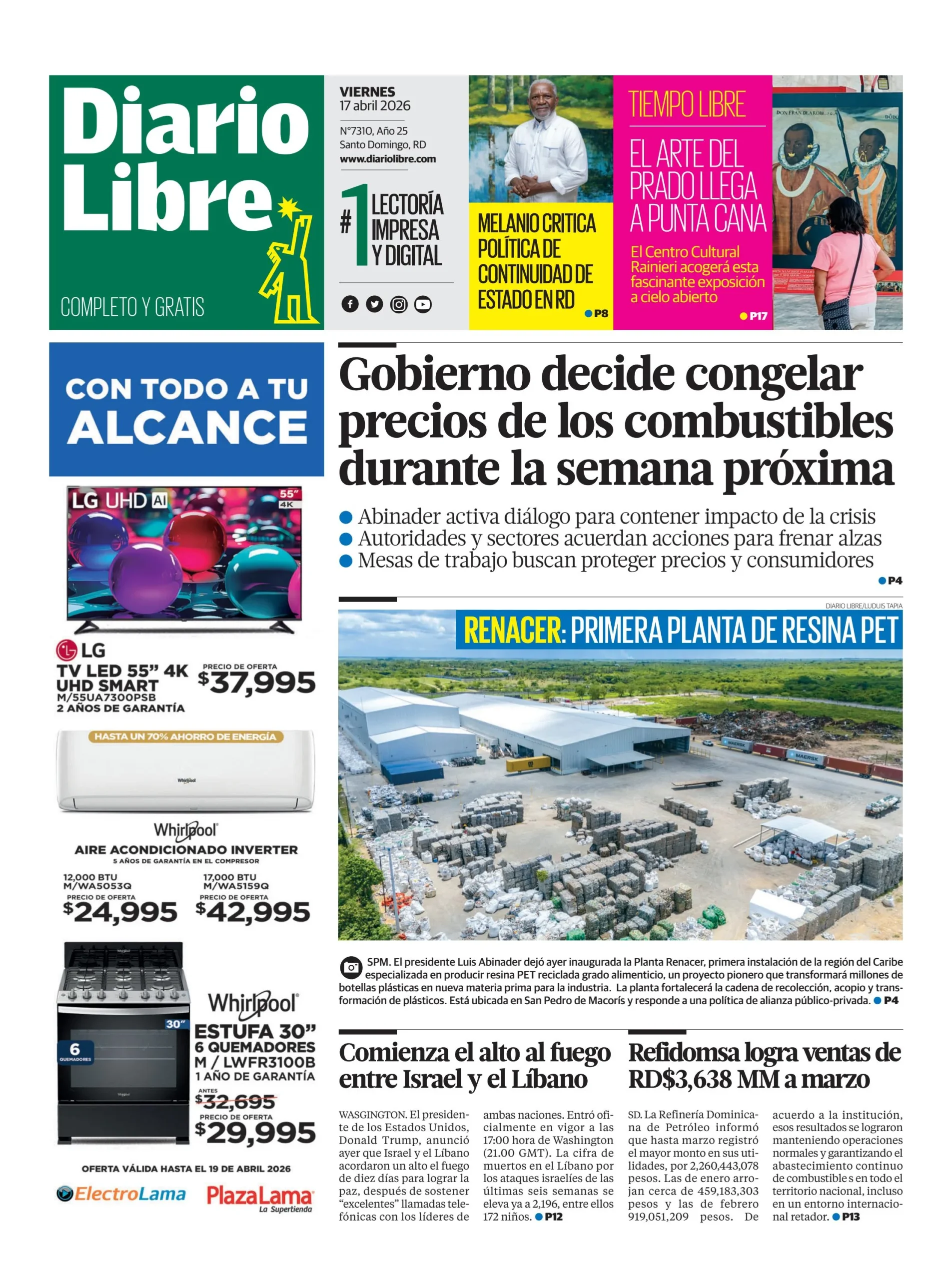 Portada Periódico Diario Libre, Viernes 17, Abril 2026