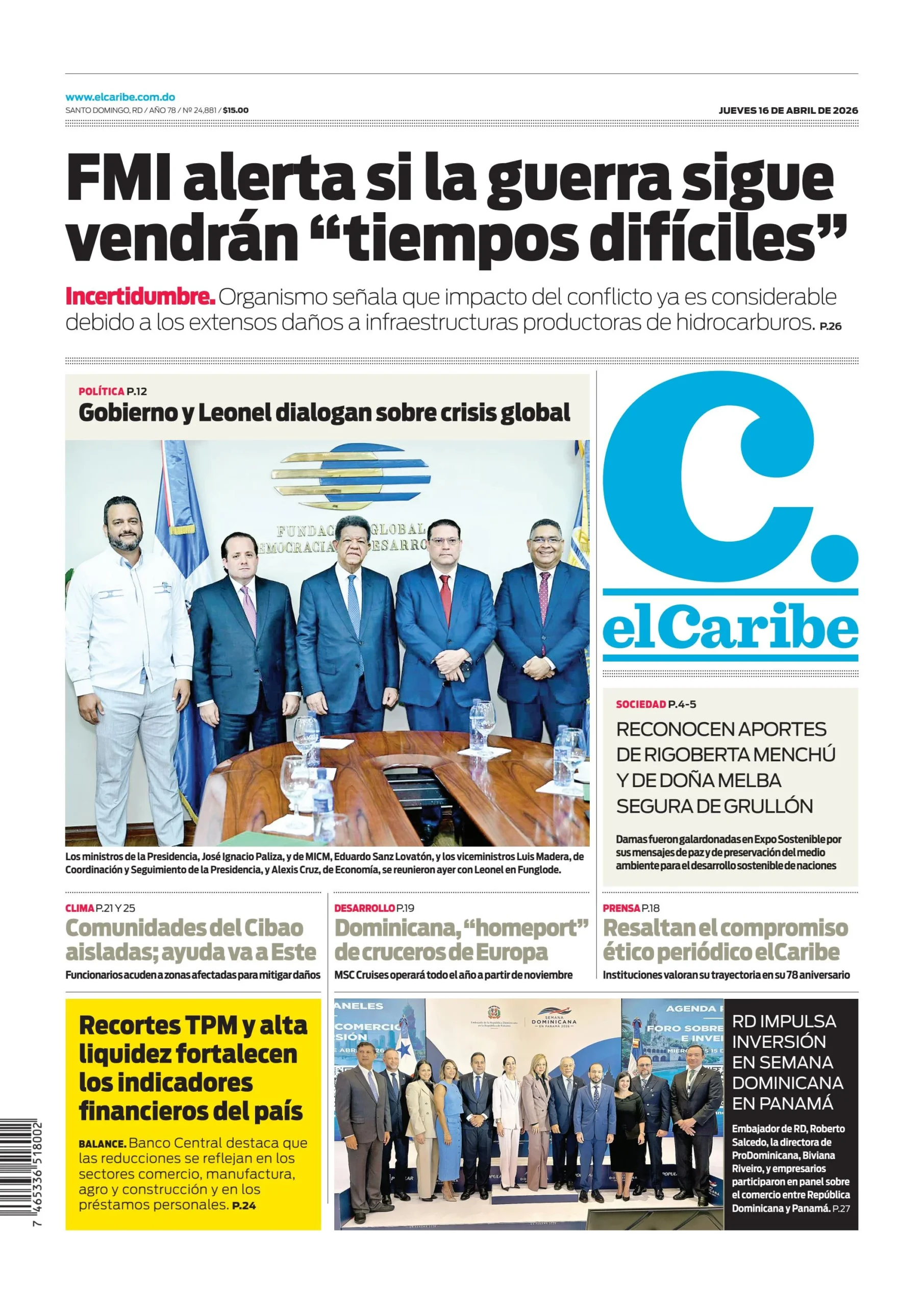 Portada Periódico El Caribe, Jueves 16, Abril 2026