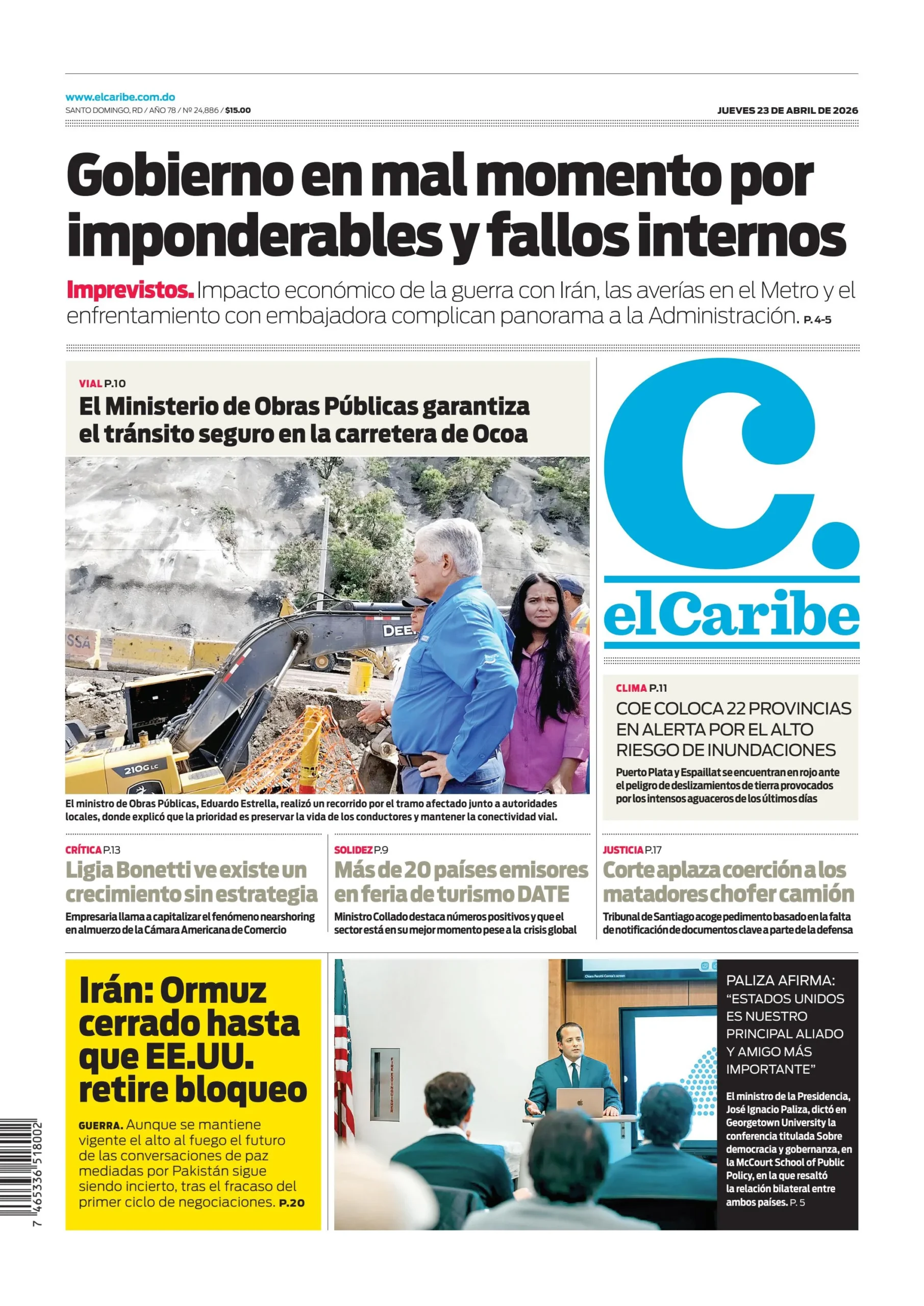 Portada Periódico El Caribe, Jueves 23, Abril 2026