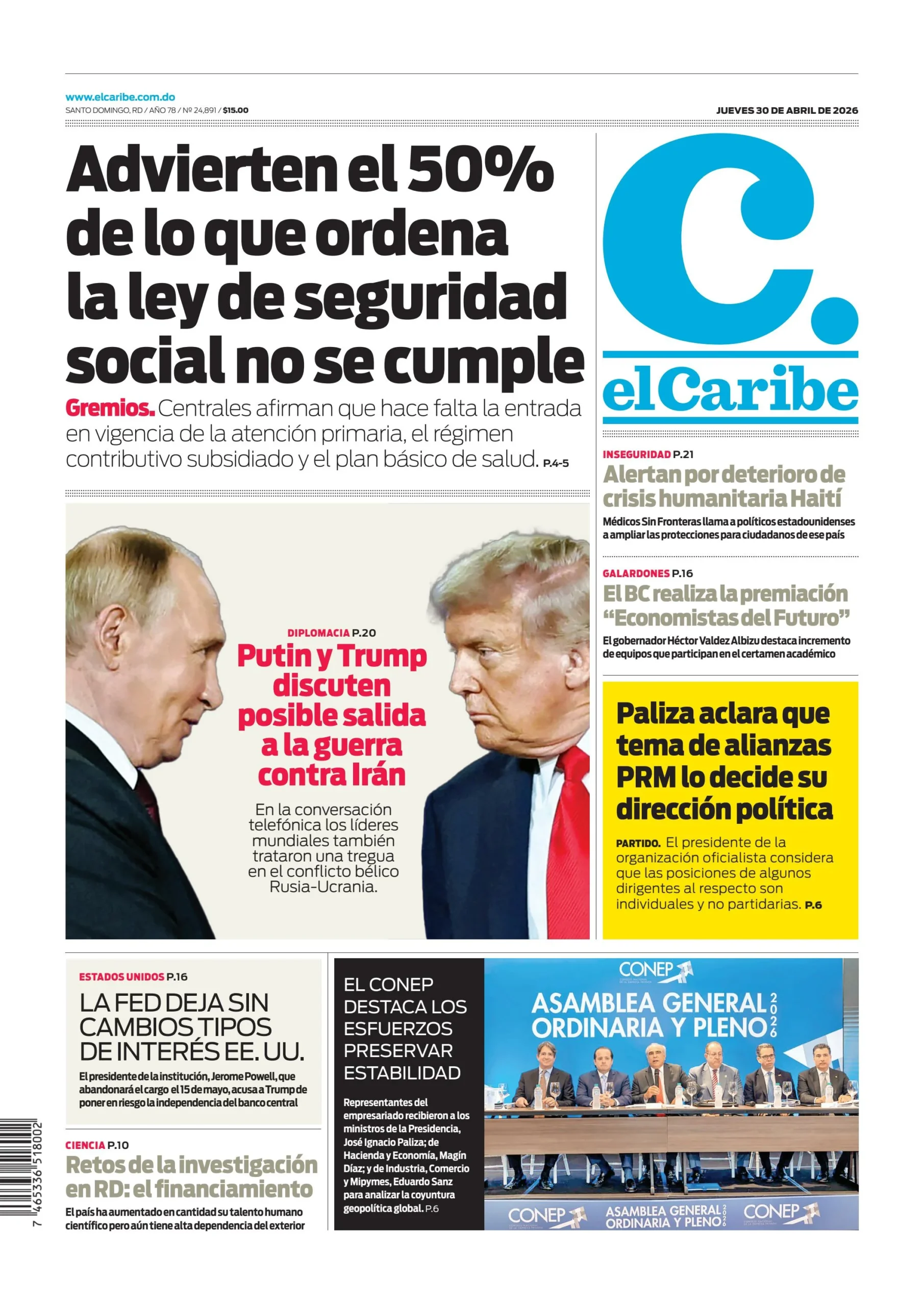 Portada Periódico El Caribe, Jueves 30, Abril 2026