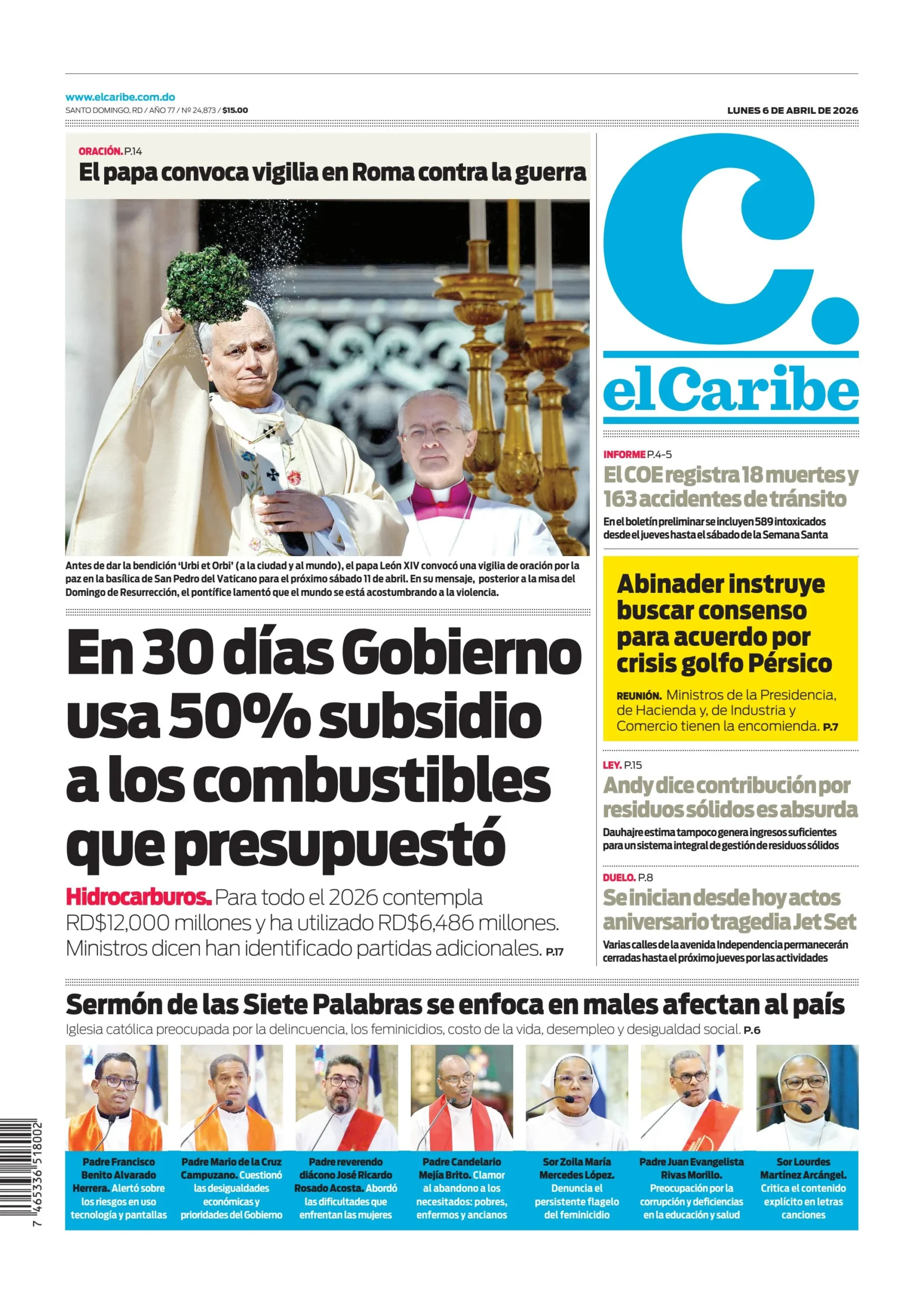 Portada Periódico El Caribe, Lunes 06, Abril 2026