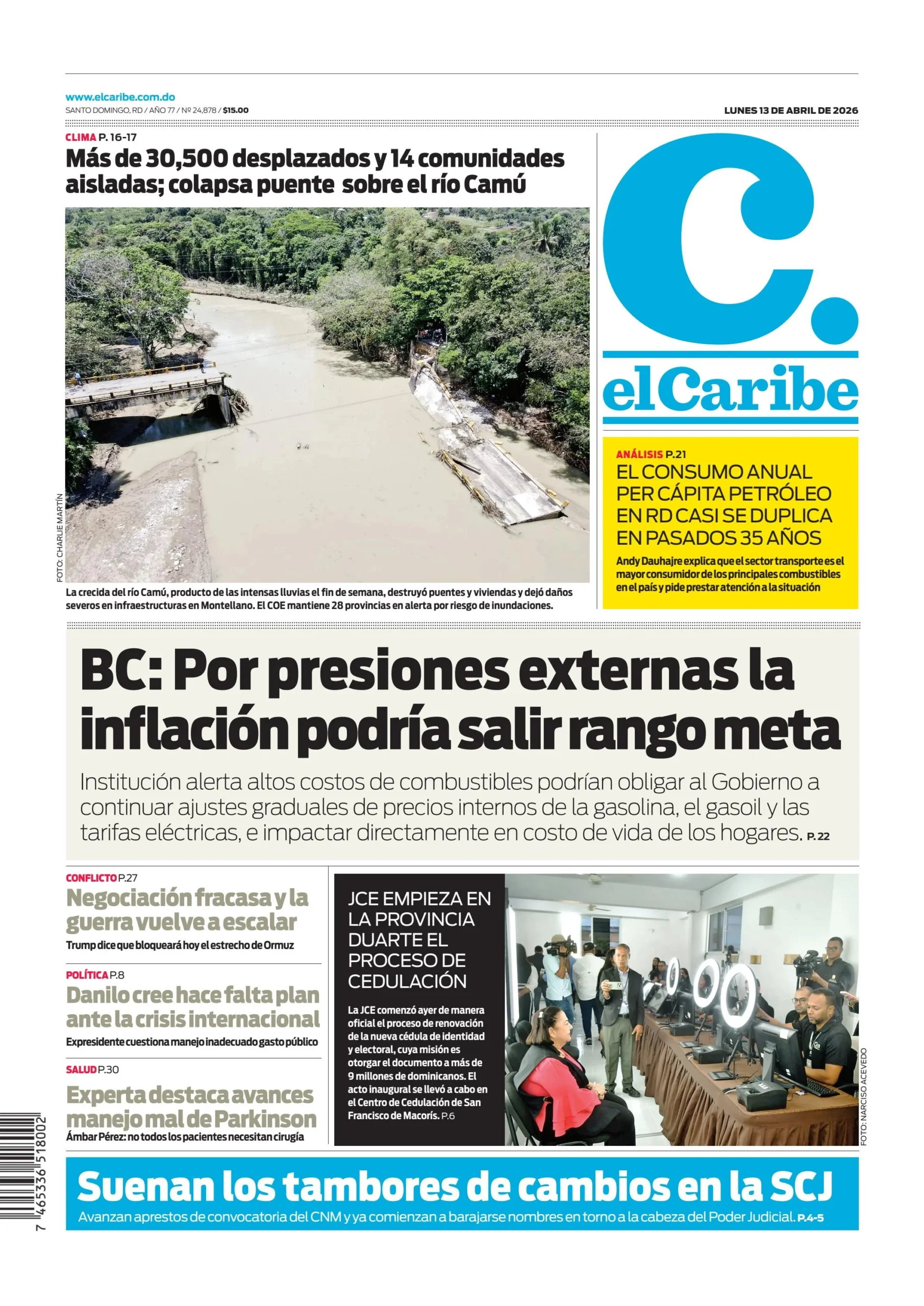 Portada Periódico El Caribe, Lunes 13, Abril 2026