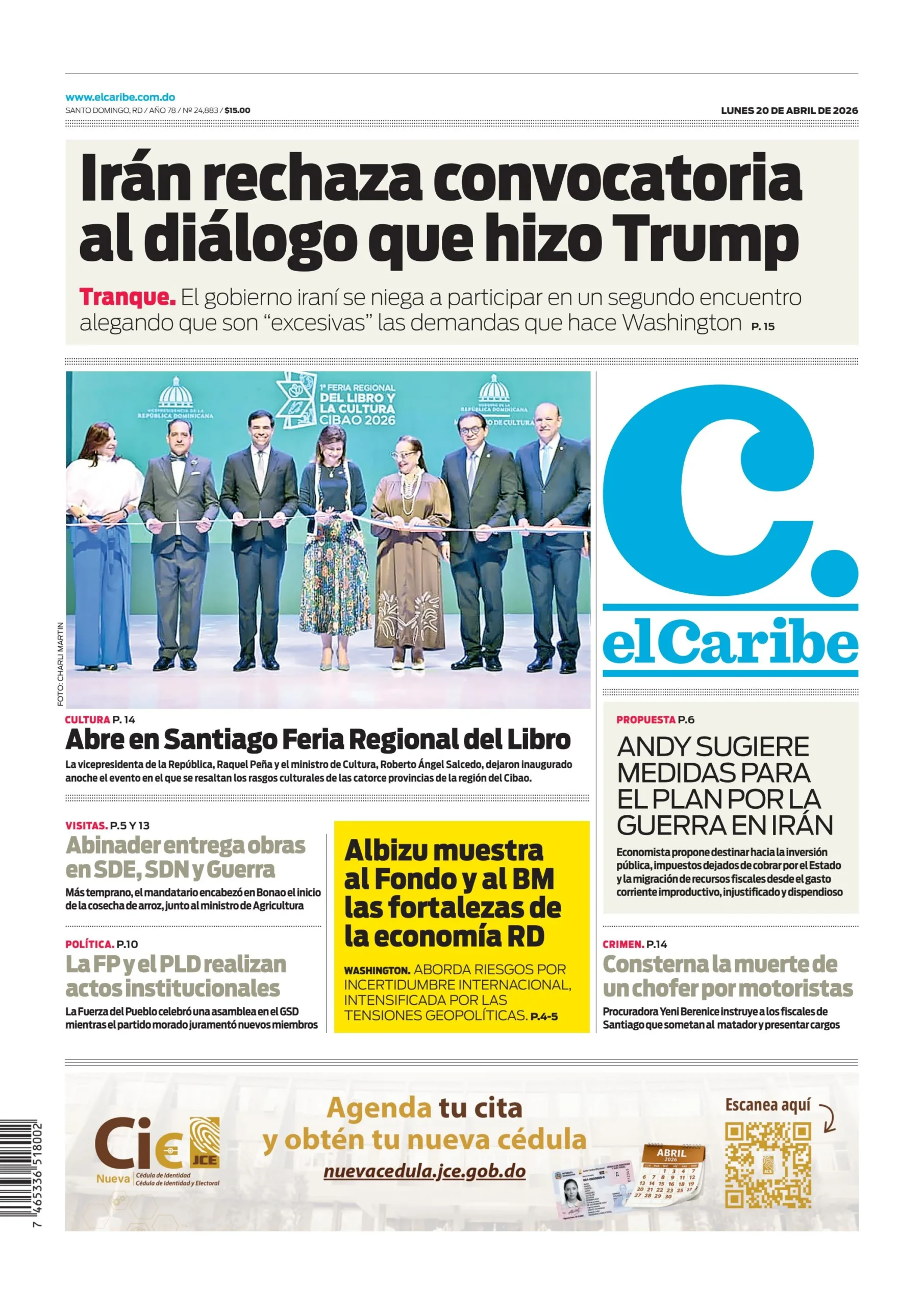 Portada Periódico El Caribe, Lunes 20, Abril 2026