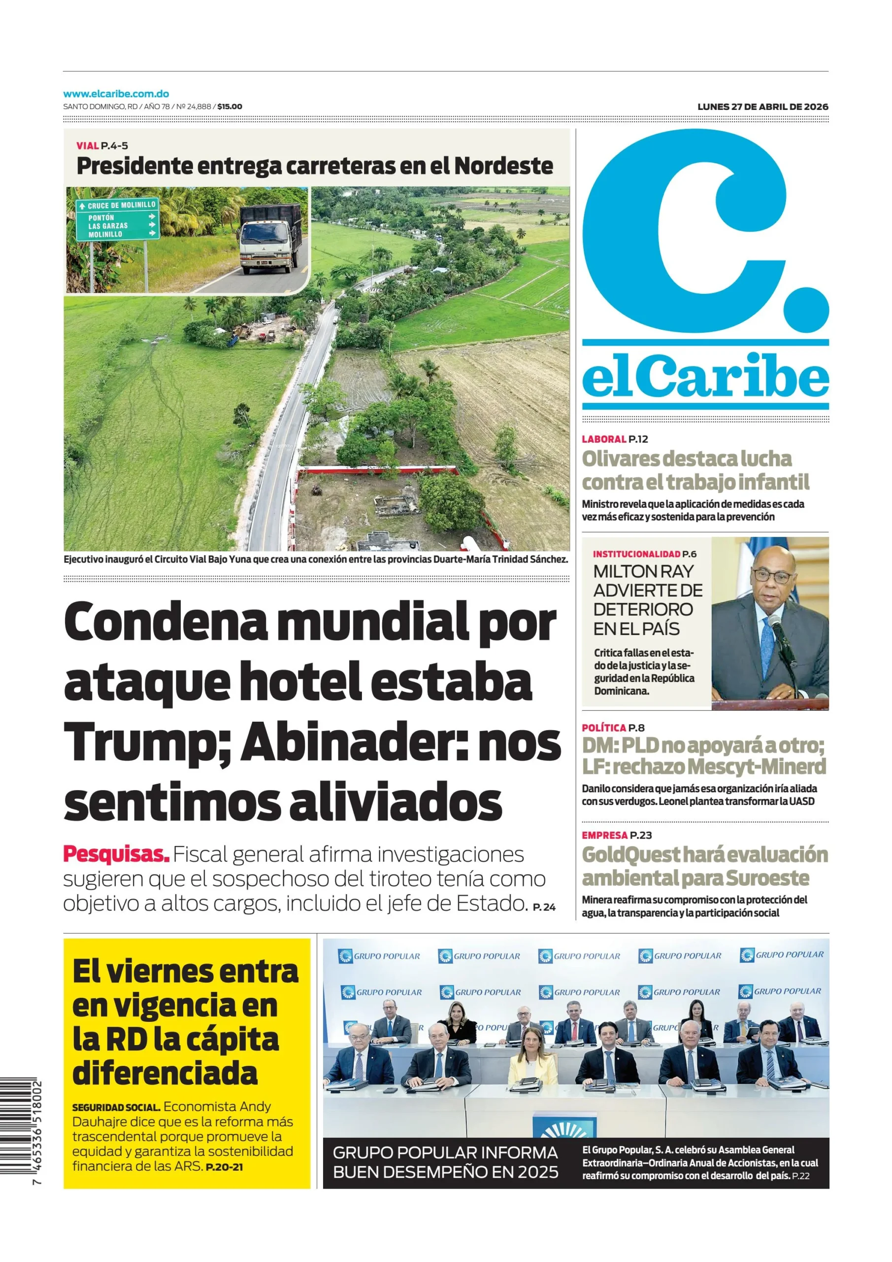 Portada Periódico El Caribe, Lunes 27, Abril 2026