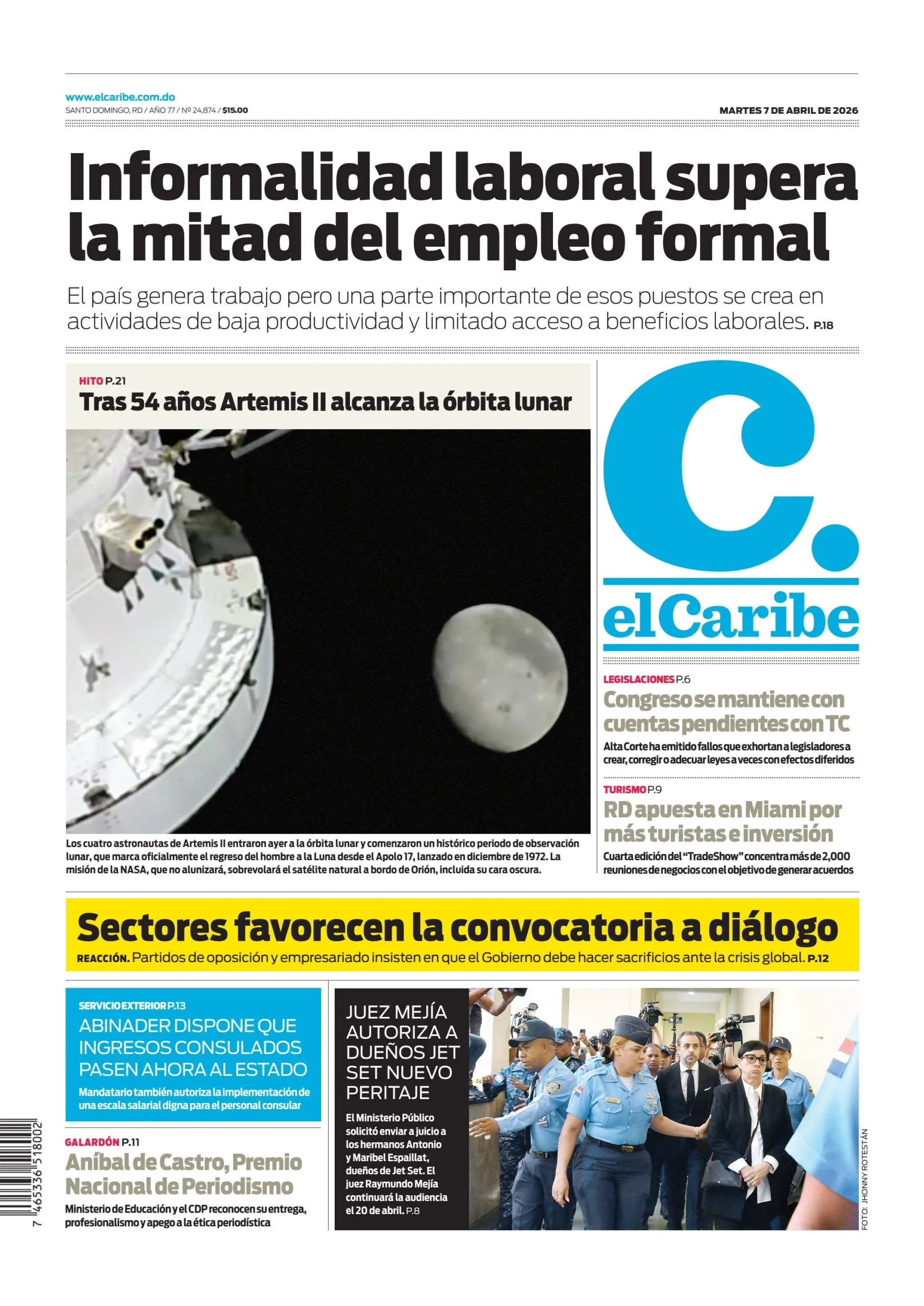 Portada Periódico El Caribe, Martes 07, Abril 2026