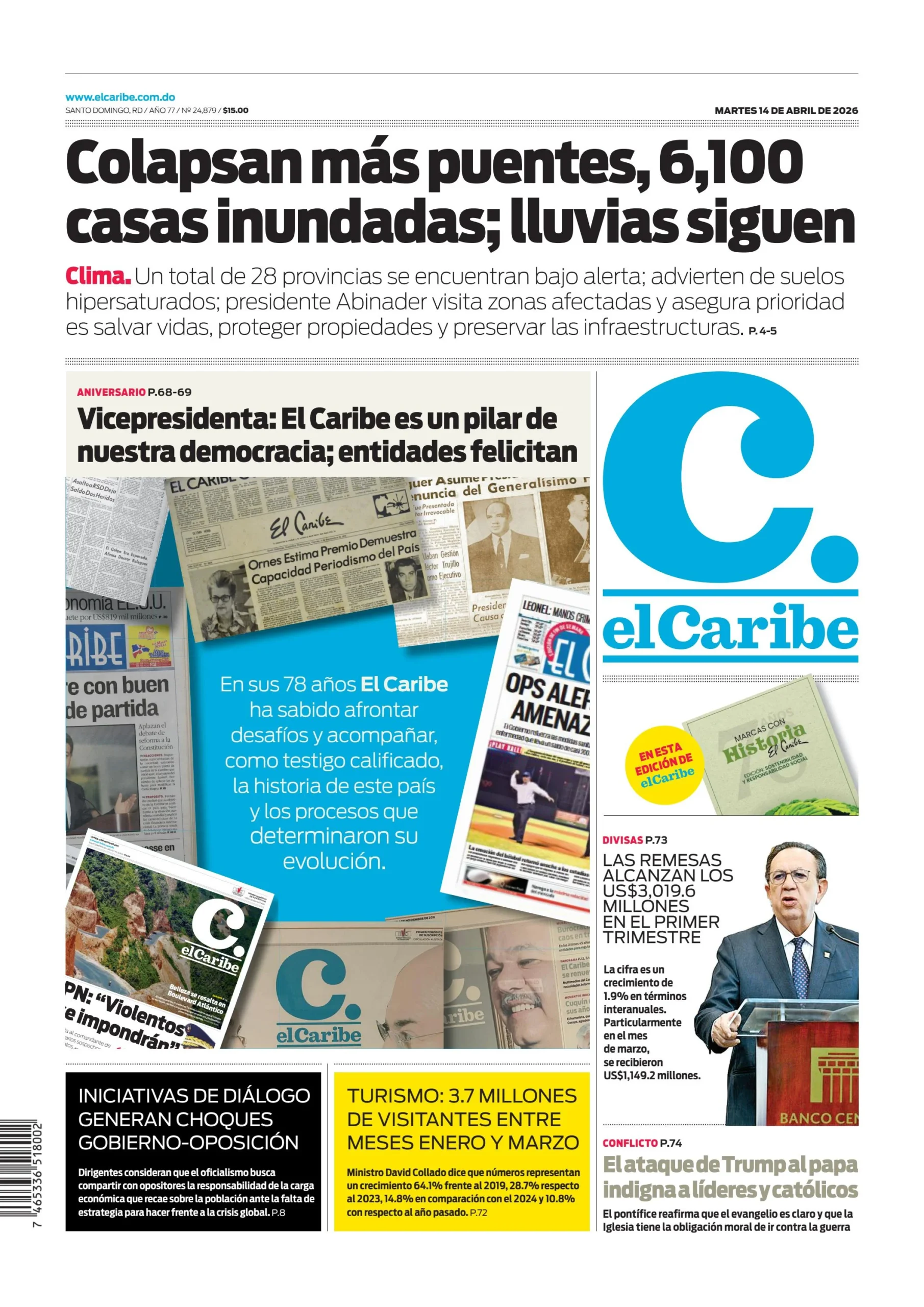 Portada Periódico El Caribe, Martes 14, Abril 2026