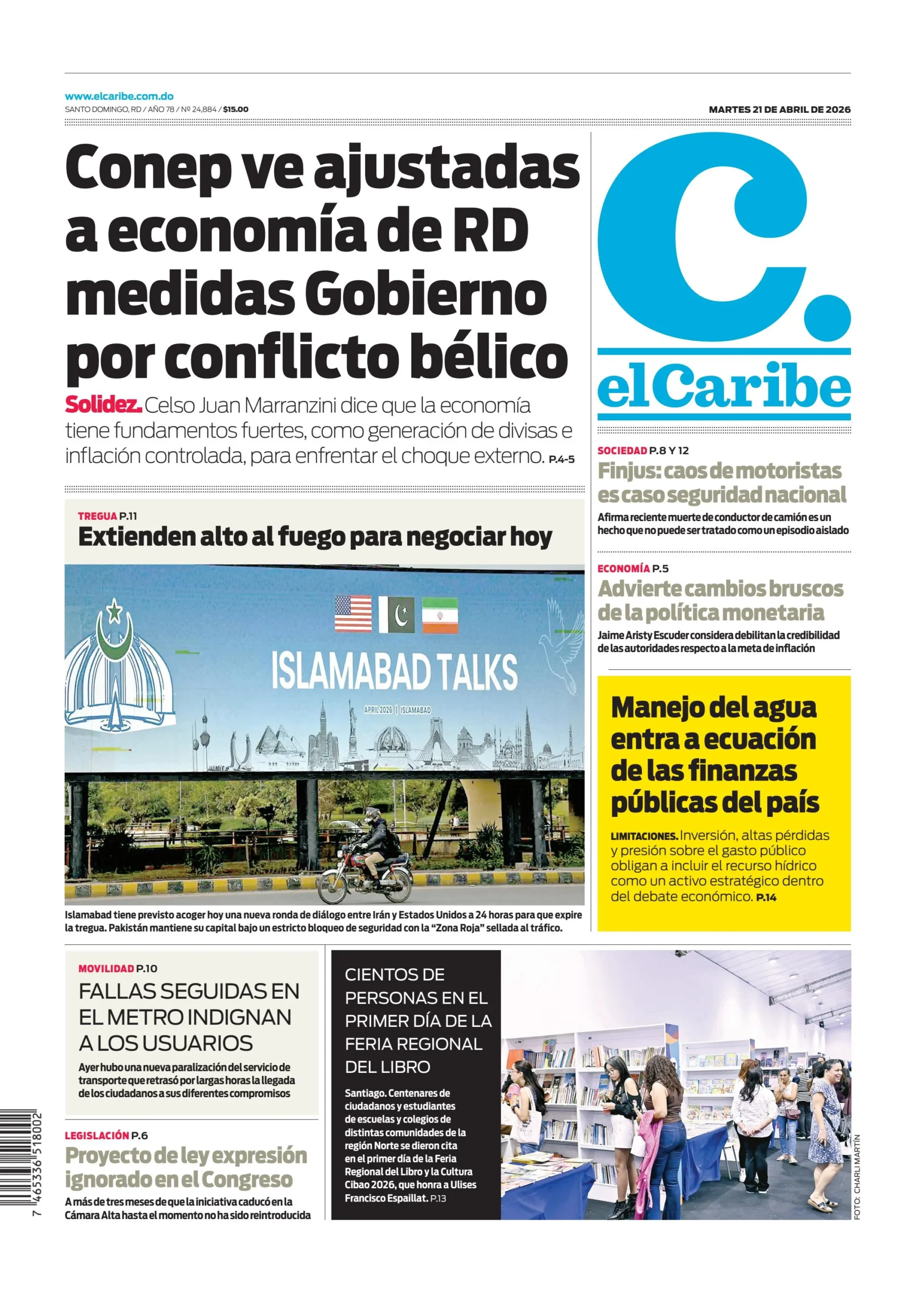 Portada Periódico El Caribe, Martes 21, Abril 2026