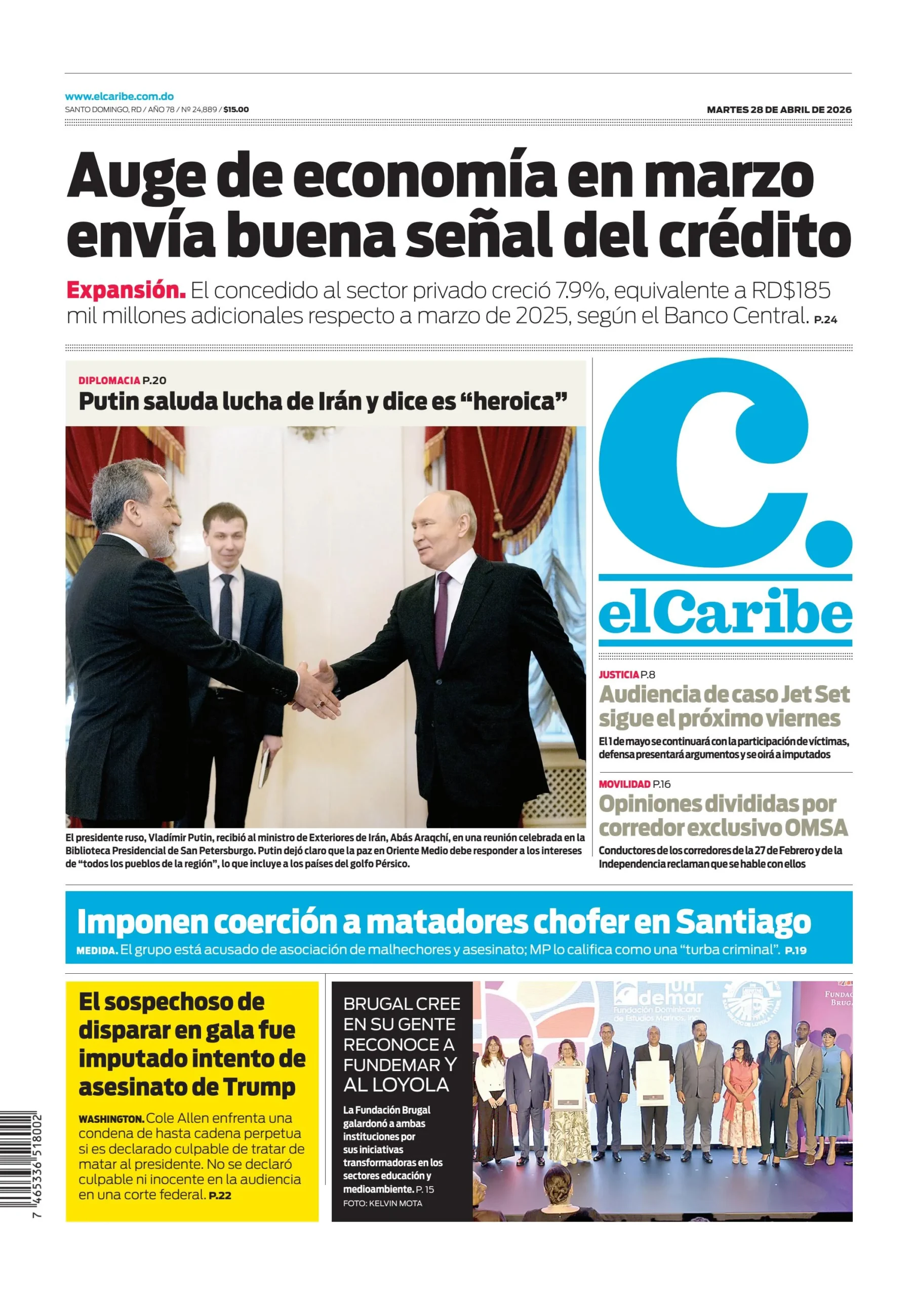 Portada Periódico Listín Diario, Martes 28, Abril 2026