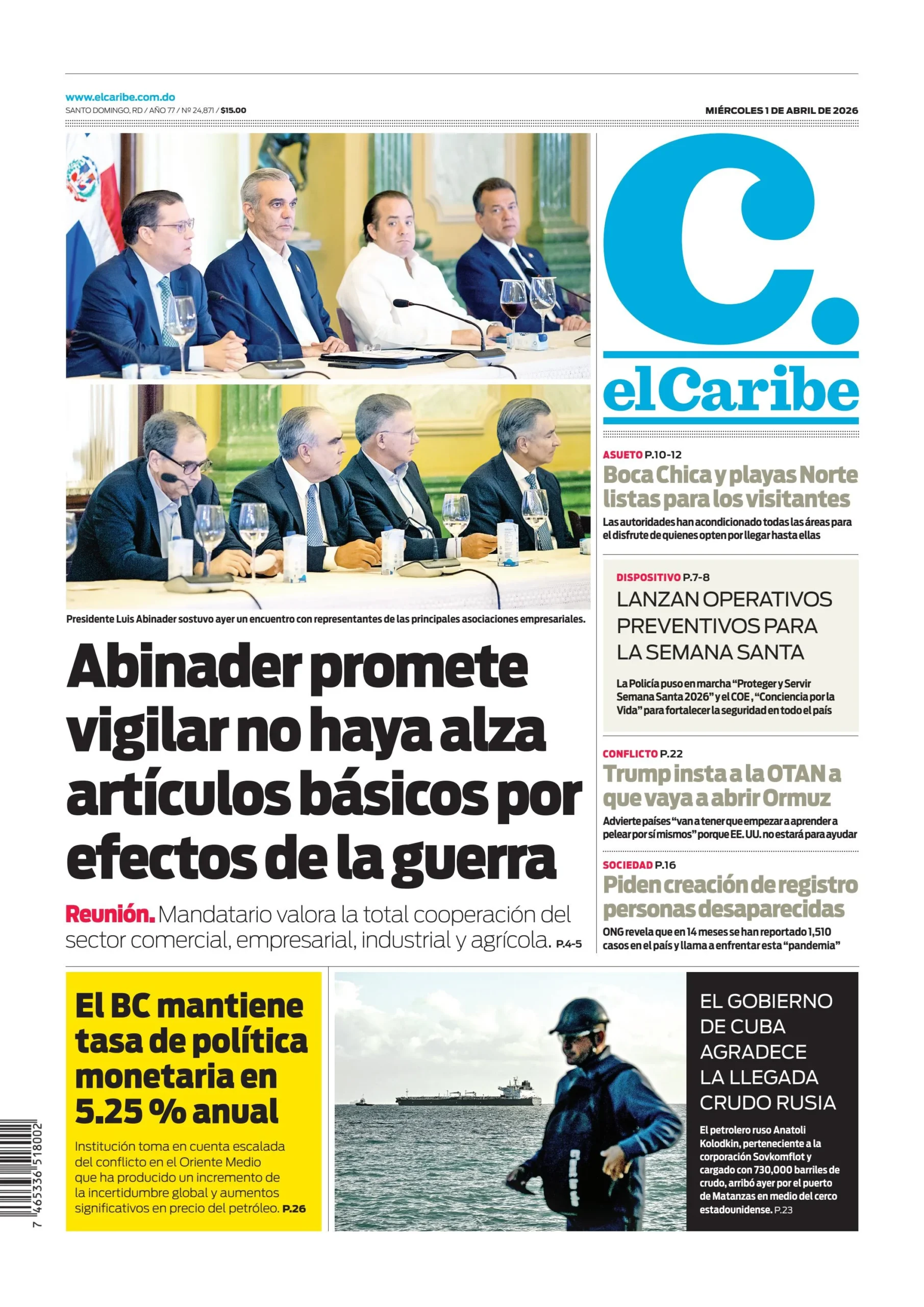 Portada Periódico El Caribe, Miércoles 01, Abril 2026