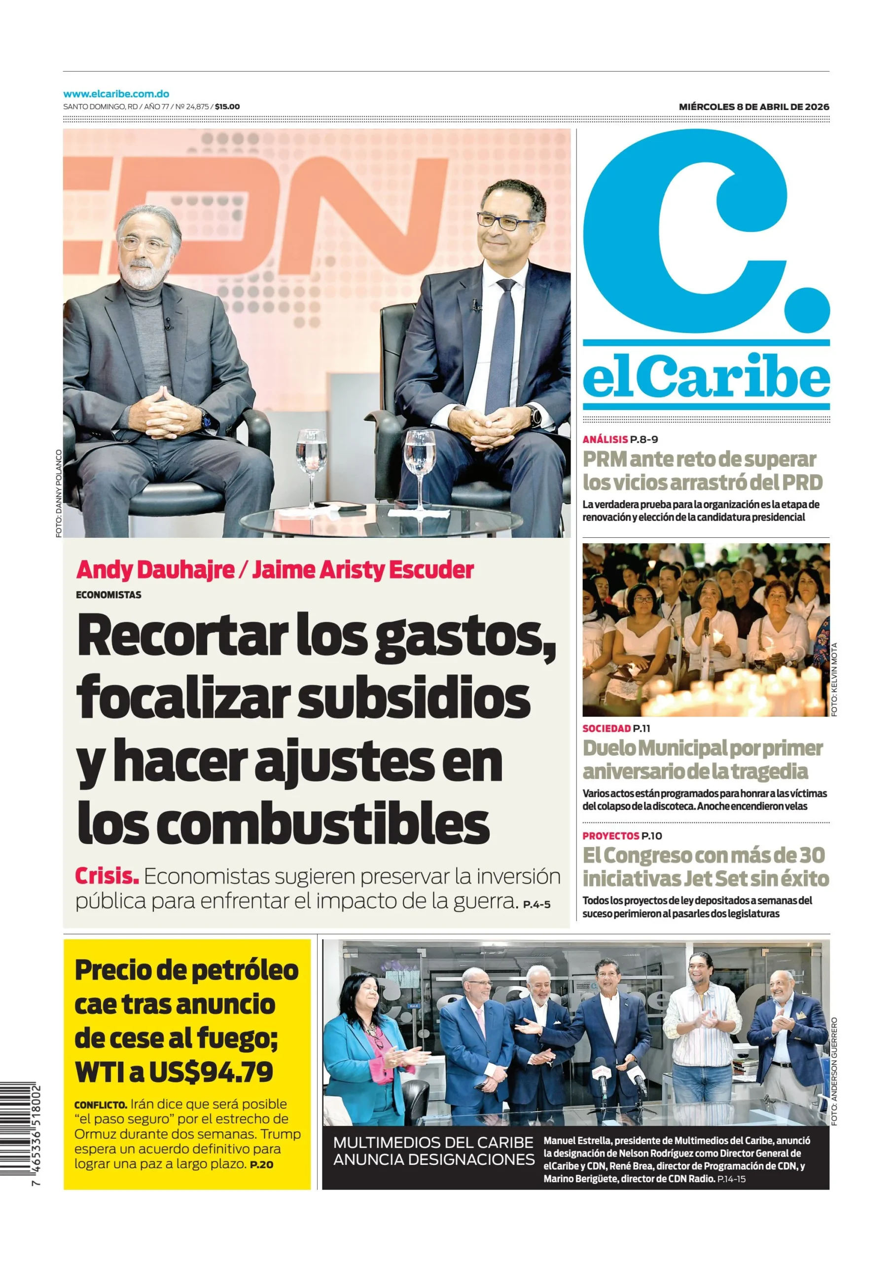 Portada Periódico El Caribe, Miércoles 08, Abril 2026