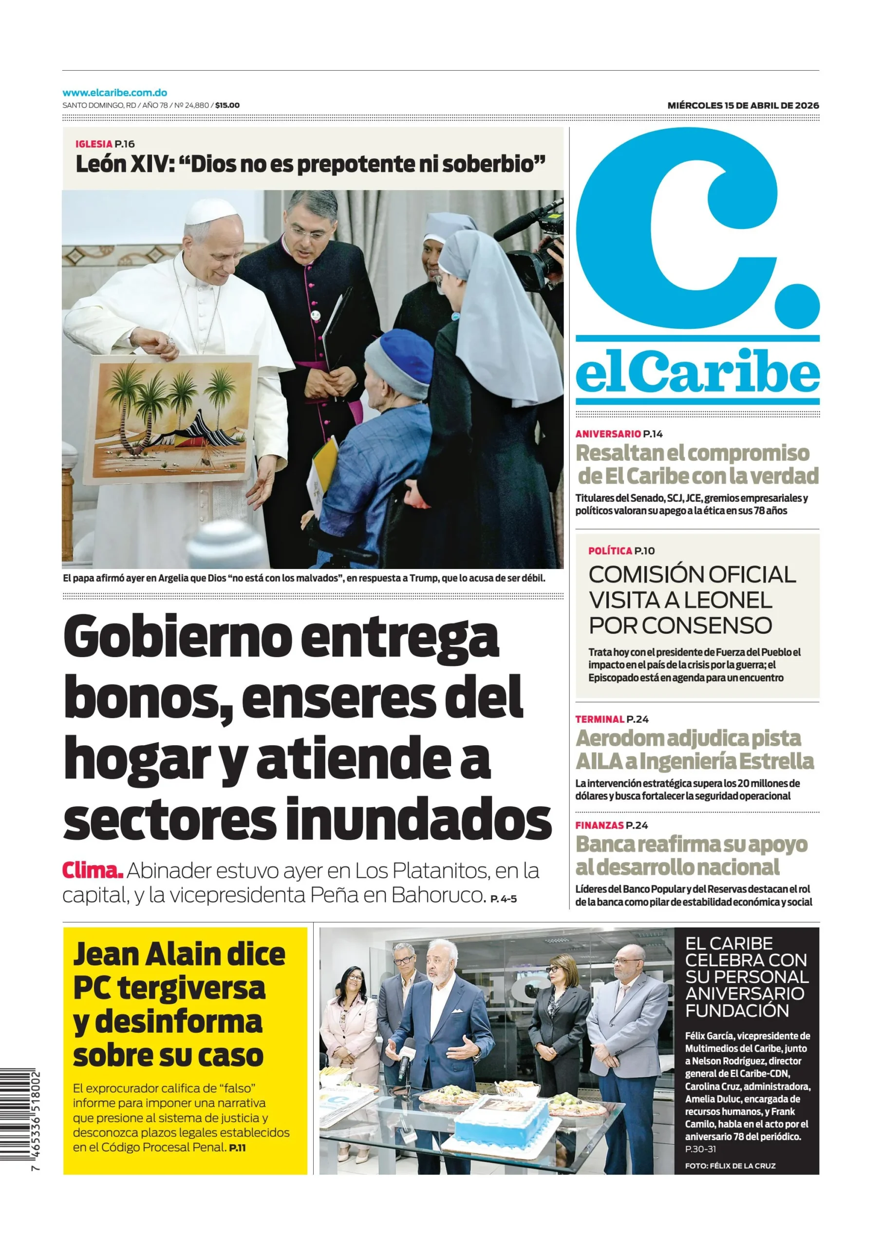 Portada Periódico El Caribe, Miércoles 15, Abril 2026