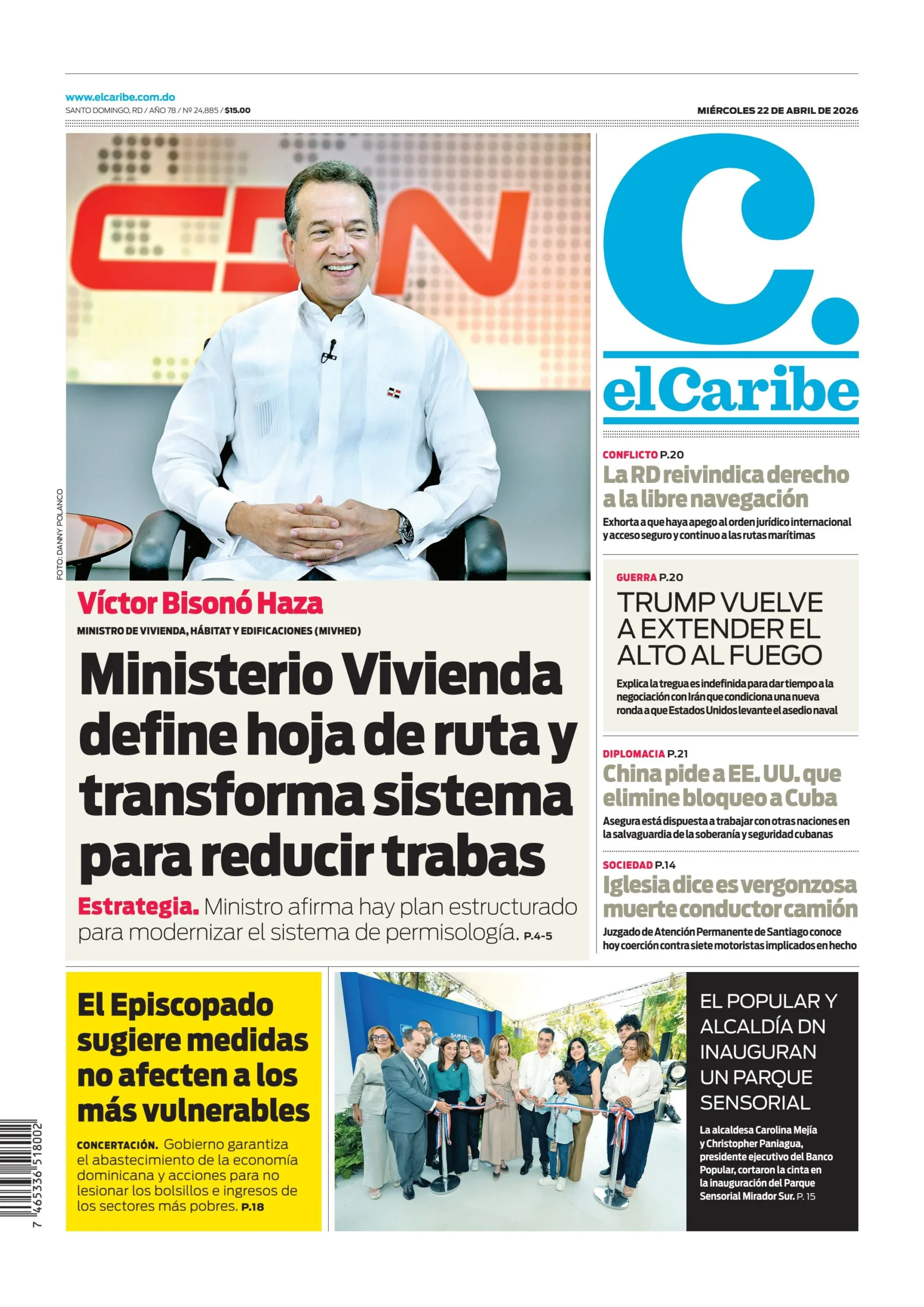 Portada Periódico El Caribe, Miércoles 22, Abril 2026