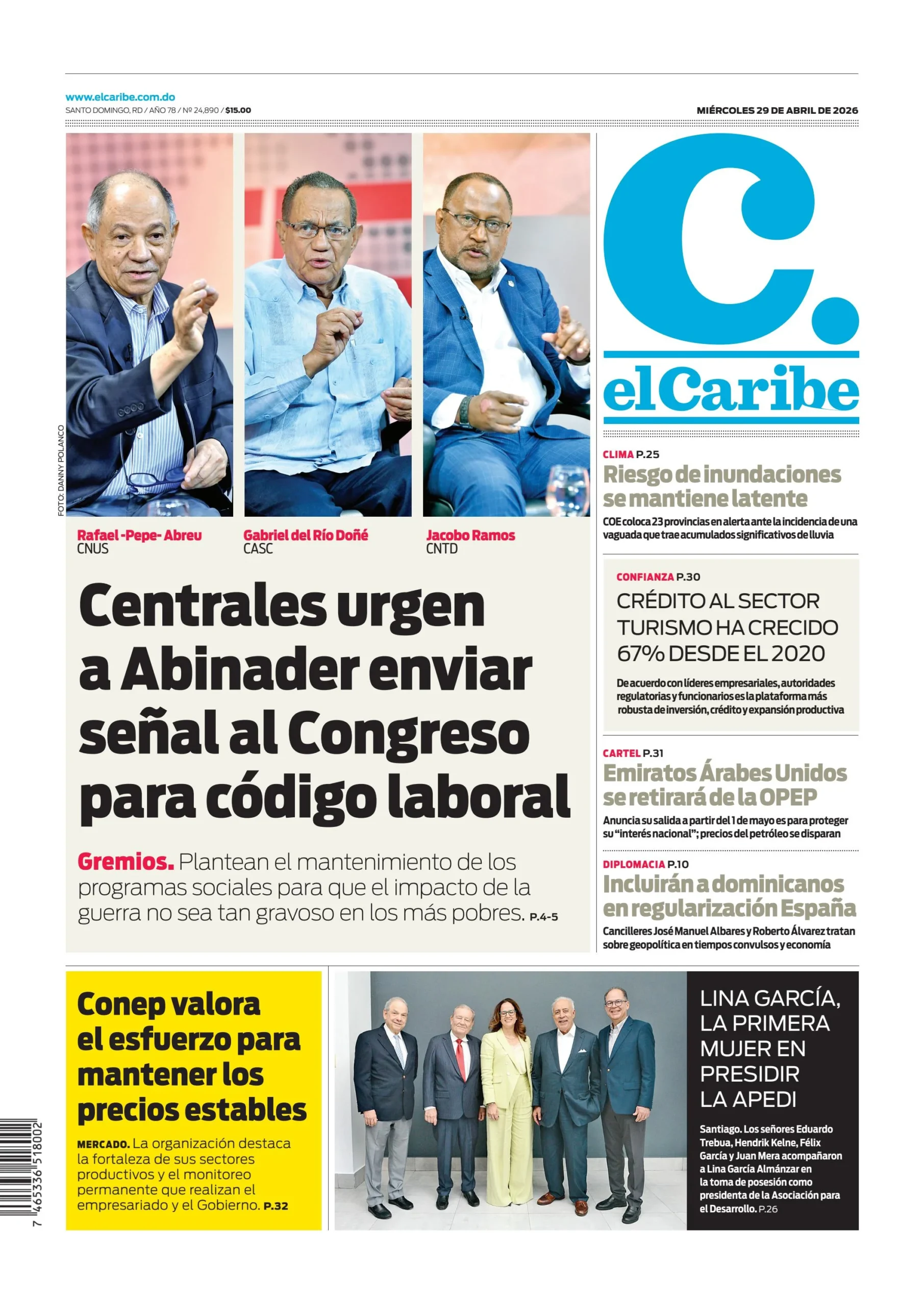 Portada Periódico El Caribe, Miércoles 29, Abril 2026