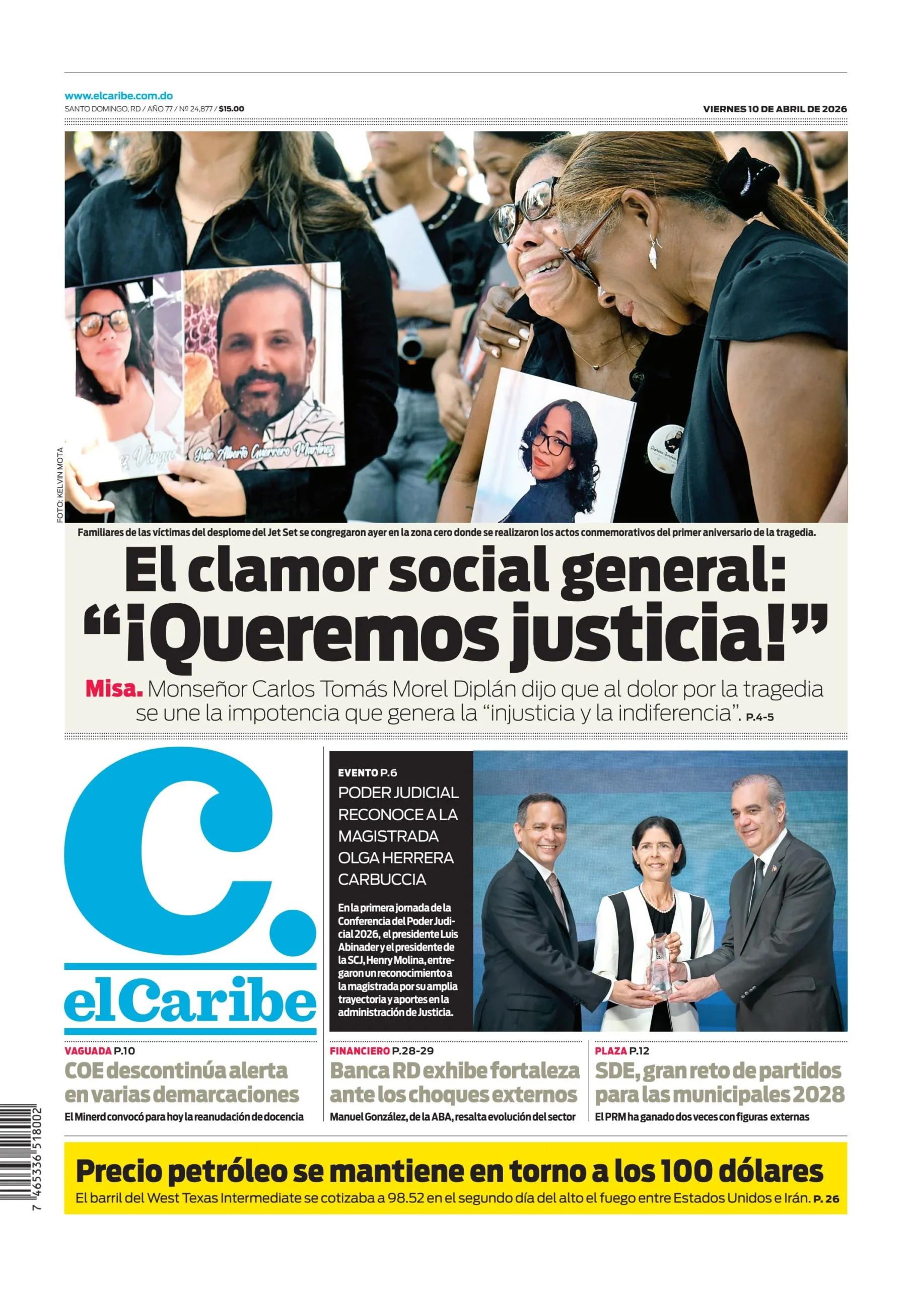 Portada Periódico El Caribe, Viernes 10, Abril 2026
