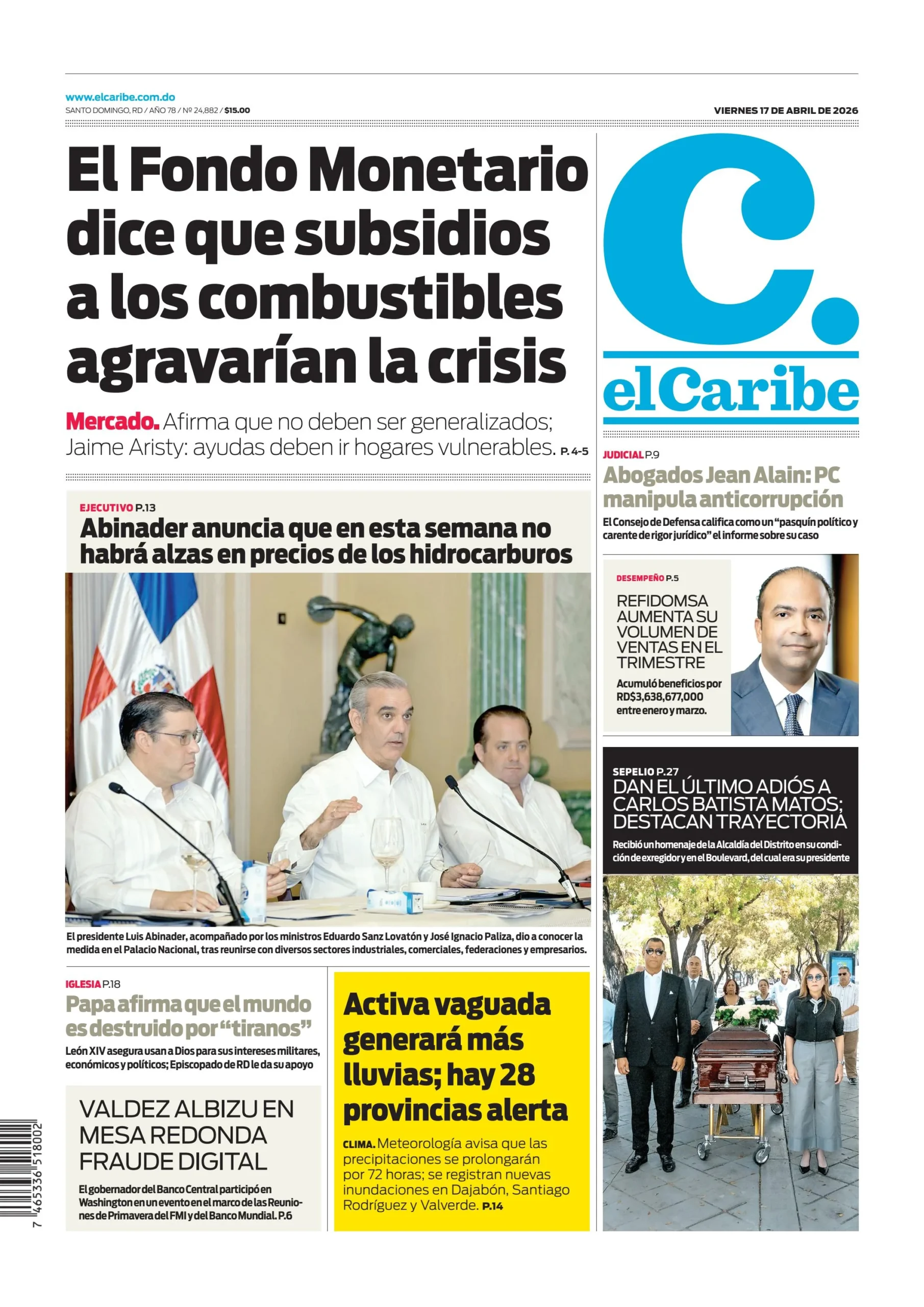 Portada Periódico El Caribe, Viernes 17, Abril 2026