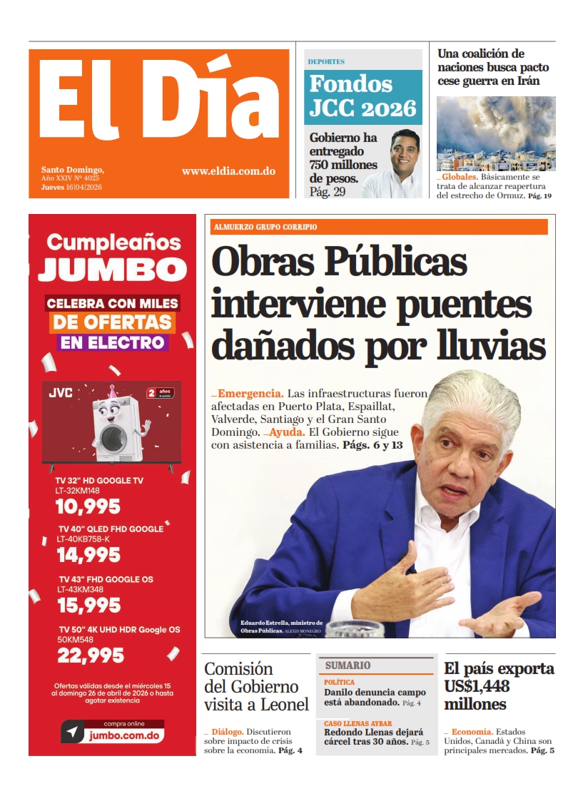 Portada Periódico El Día, Jueves 16, Abril 2026