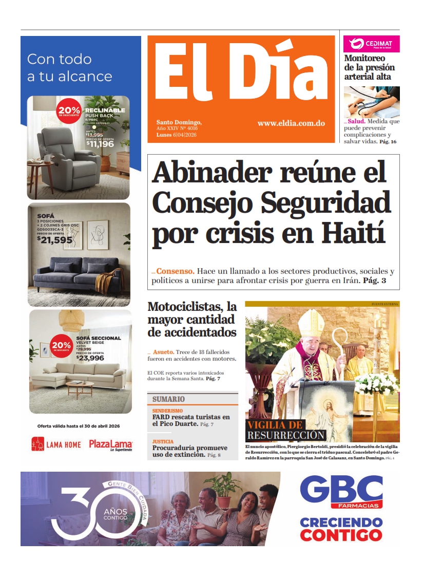Portada Periódico El Día, Lunes 06, Abril 2026