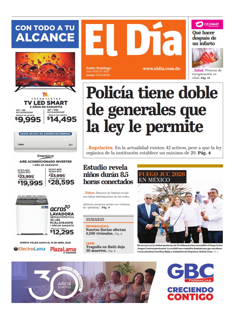 Portada Periódico El Día, Lunes 13, Abril 2026