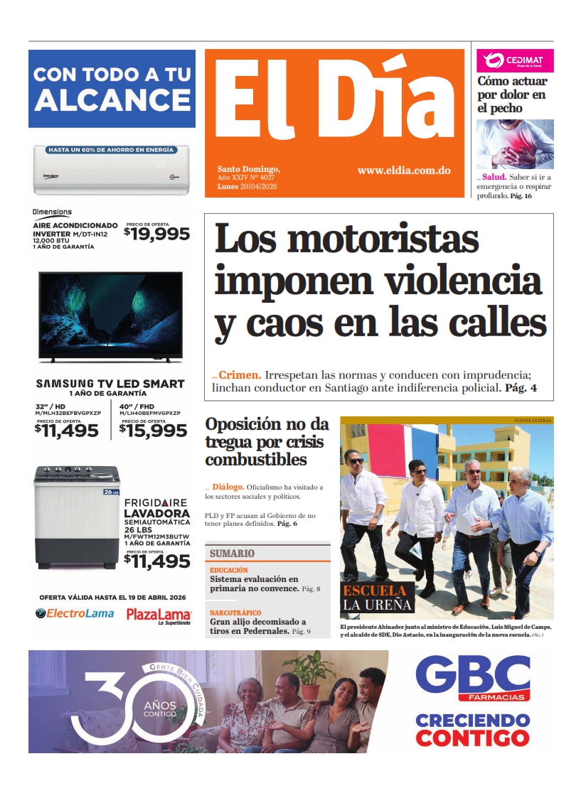 Portada Periódico El Día, Lunes 20, Abril 2026