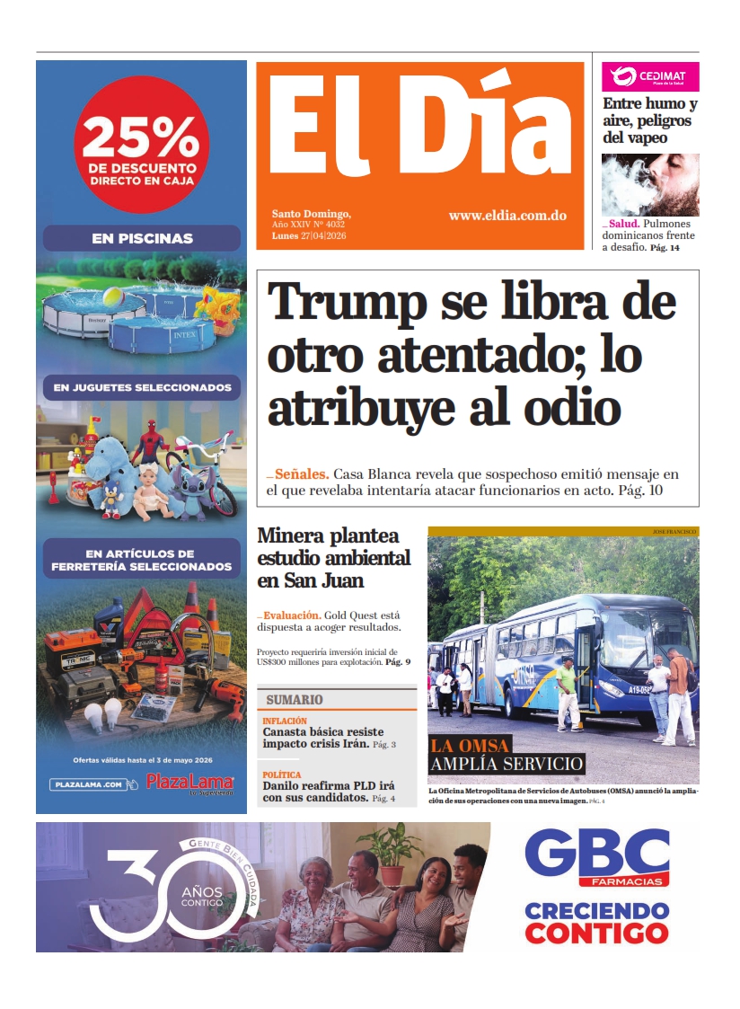 Portada Periódico El Día, Lunes 27, Abril 2026