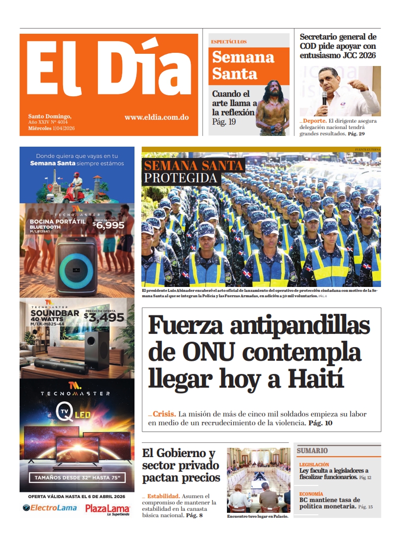 Portada Periódico El Día, Miércoles 01, Abril 2026
