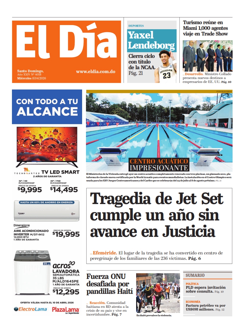 Portada Periódico El Día, Miércoles 08, Abril 2026
