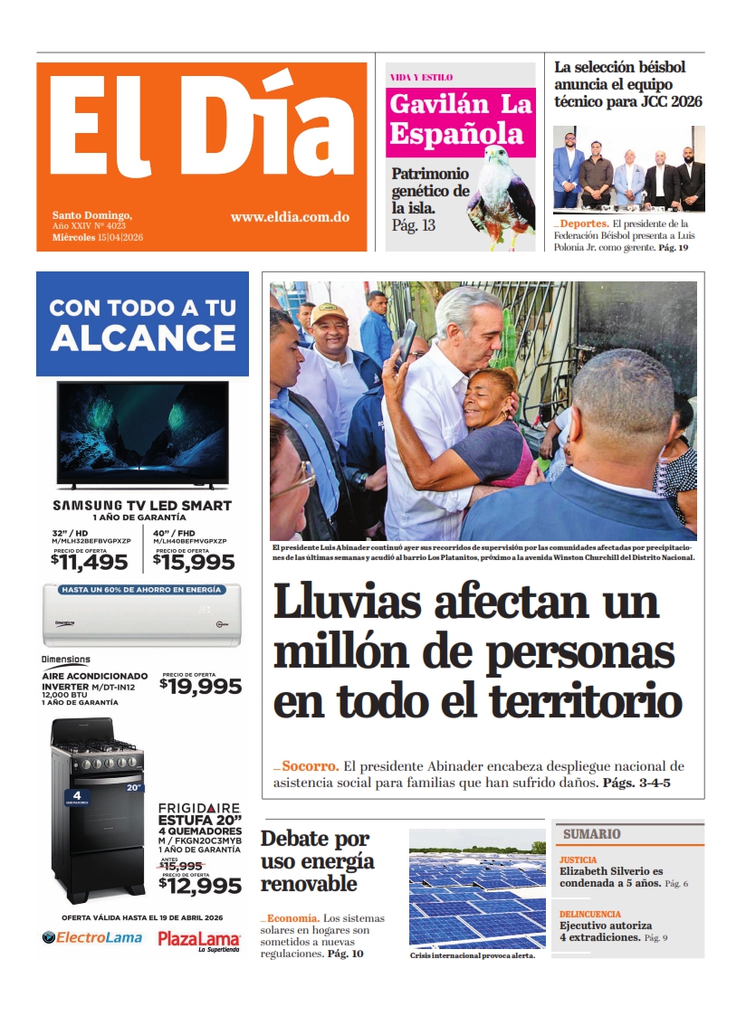 Portada Periódico El Día, Miércoles 15, Abril 2026