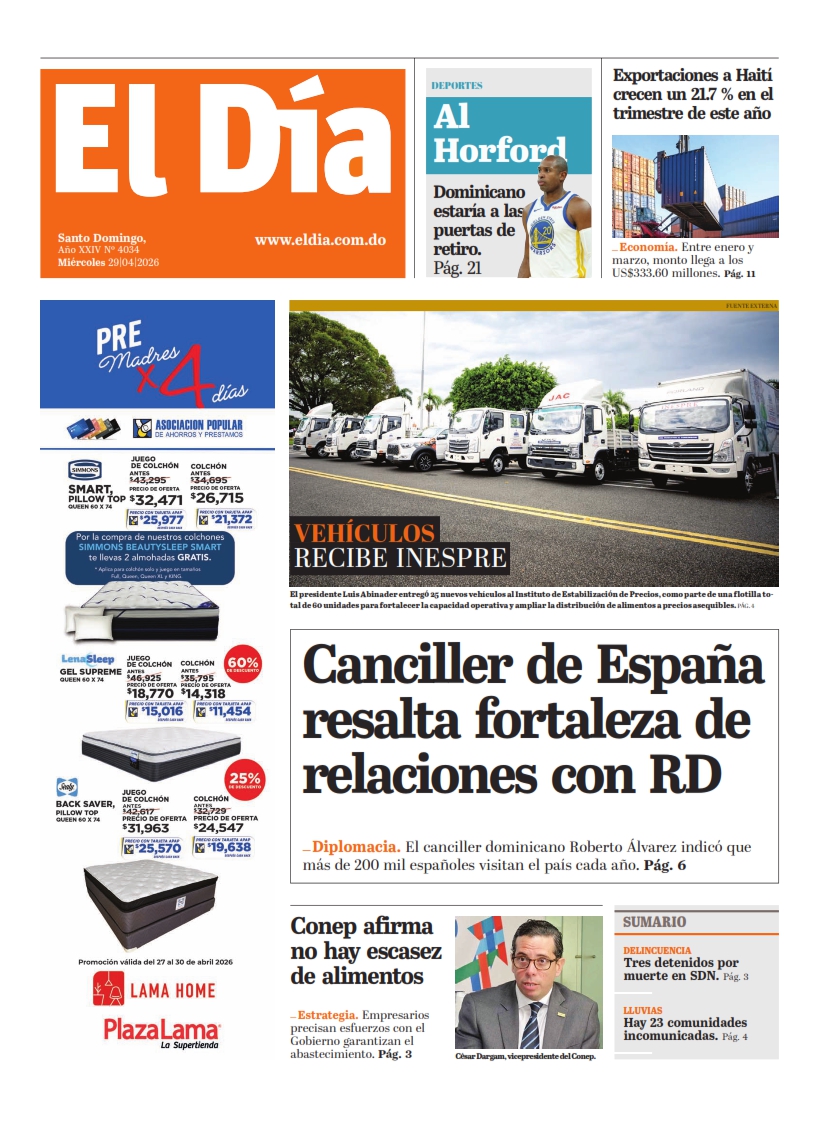 Portada Periódico El Día, Miércoles 29, Abril 2026