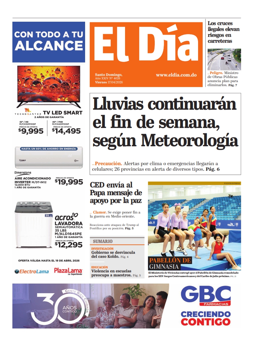 Portada Periódico El Día, Viernes 17, Abril 2026