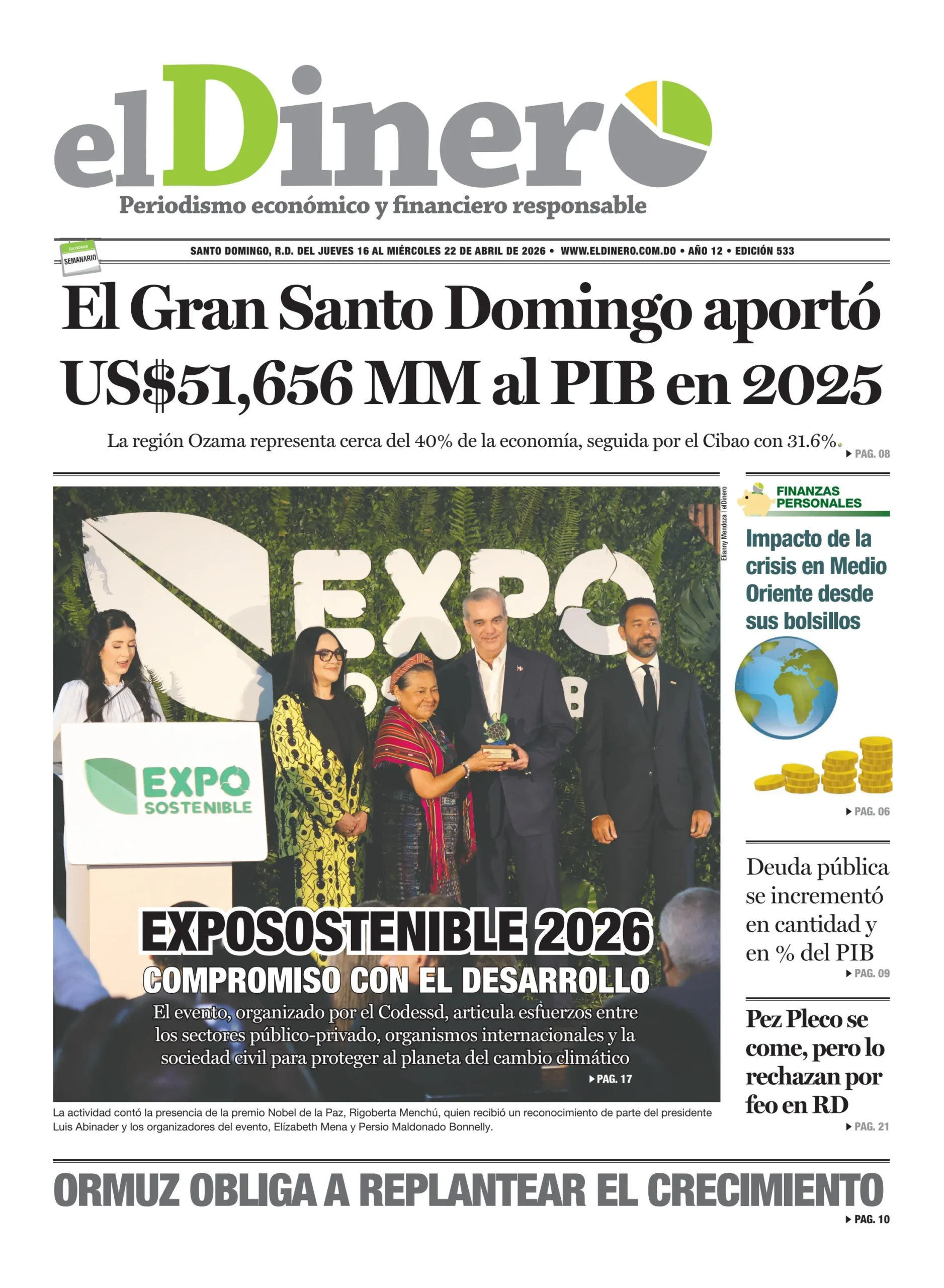 Portada Periódico El Dinero, Jueves 16, Abril 2026