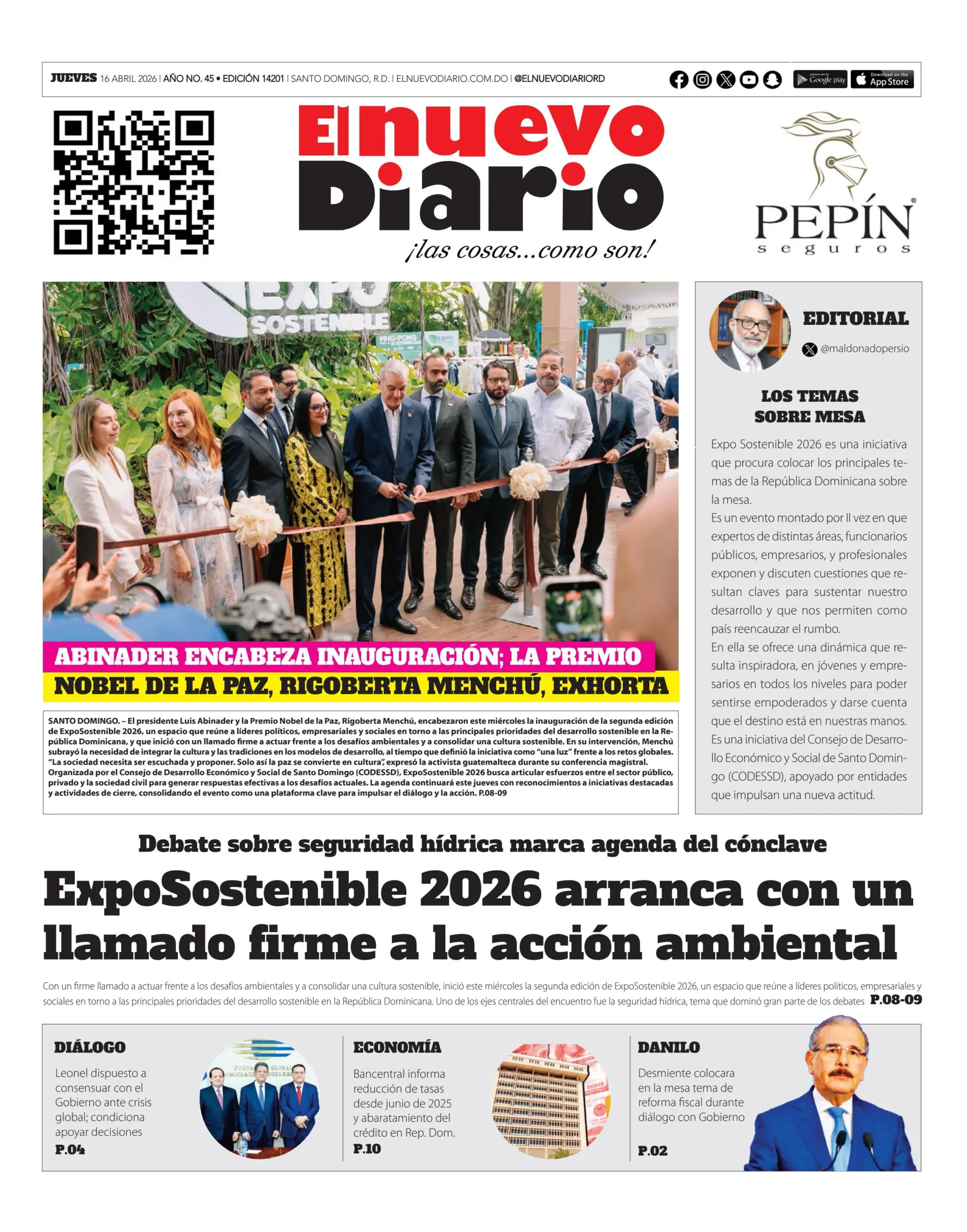 Portada Periódico El Nuevo Diario, Jueves 16, Abril 2026