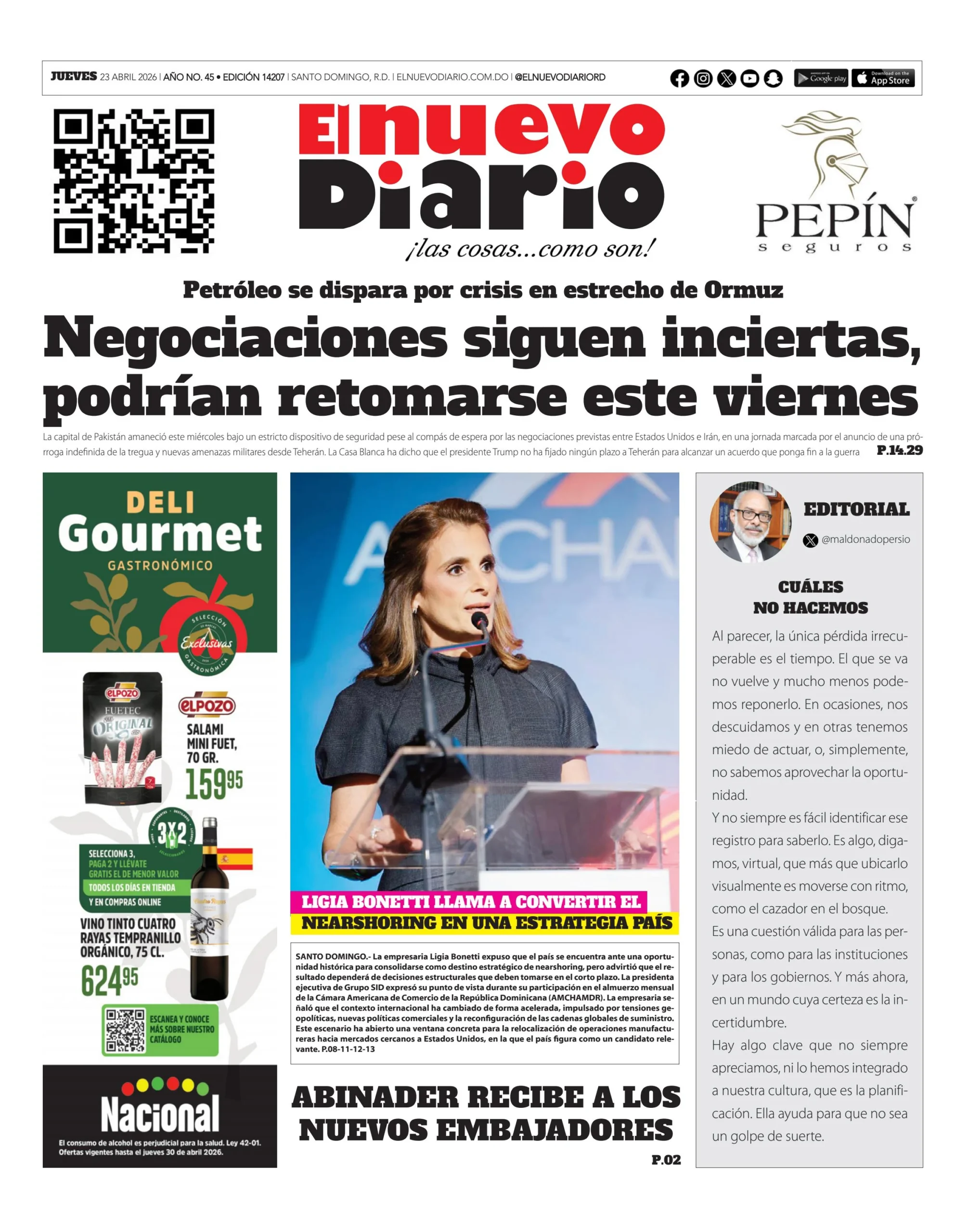 Portada Periódico El Nuevo Diario, Jueves 23, Abril 2026