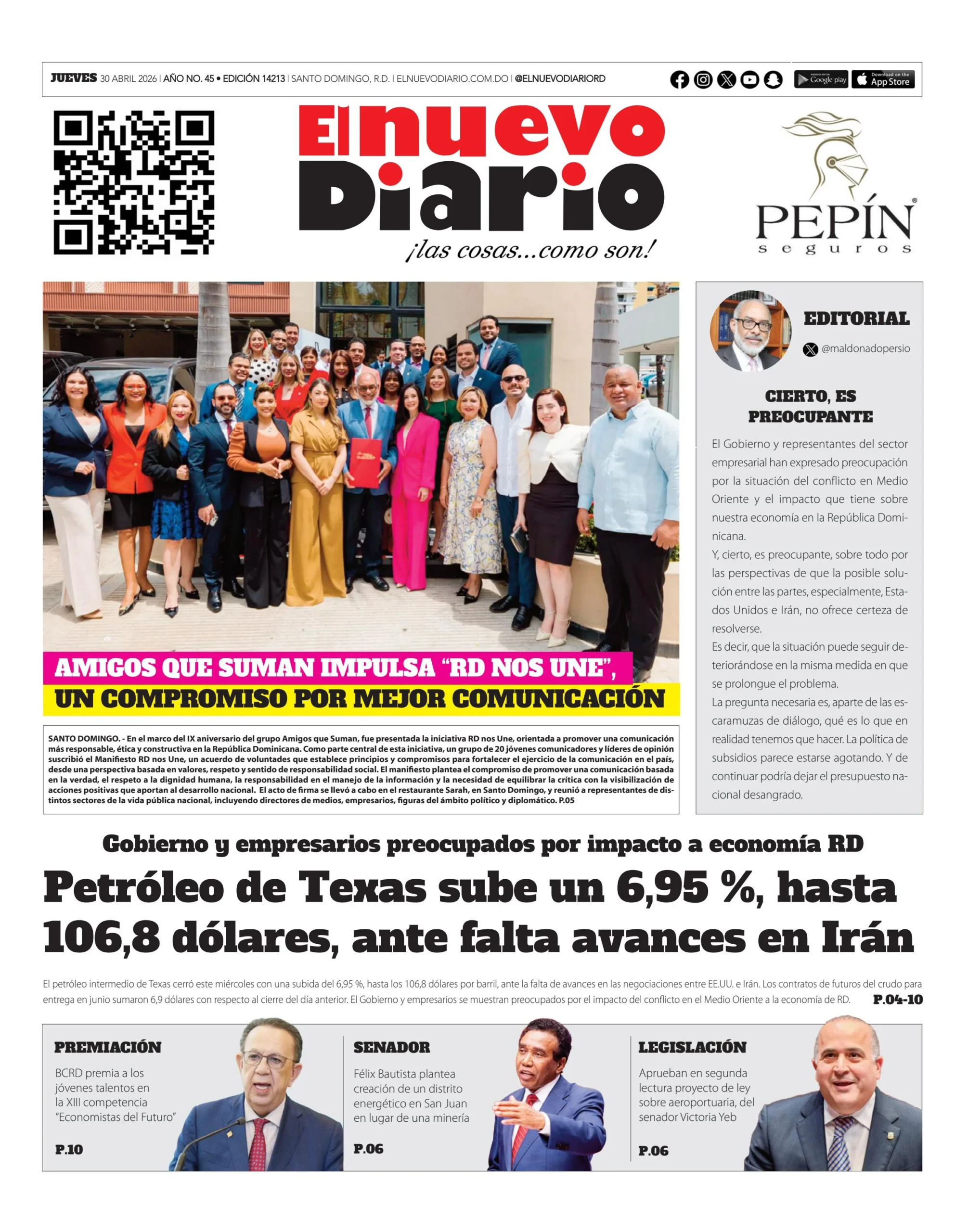 Portada Periódico El Nuevo Diario, Jueves 30, Abril 2026