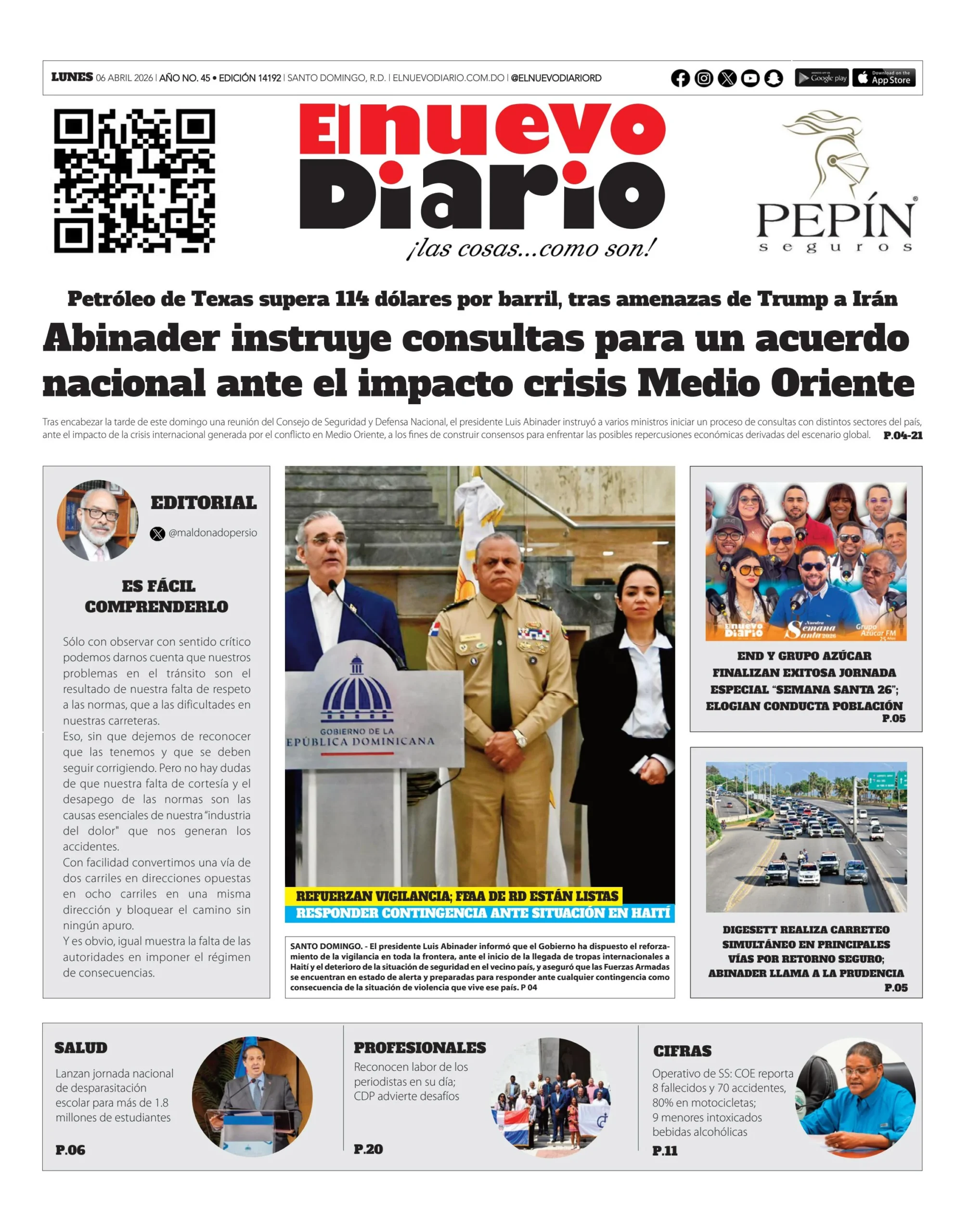 Portada Periódico El Nuevo Diario, Lunes 06, Abril 2026