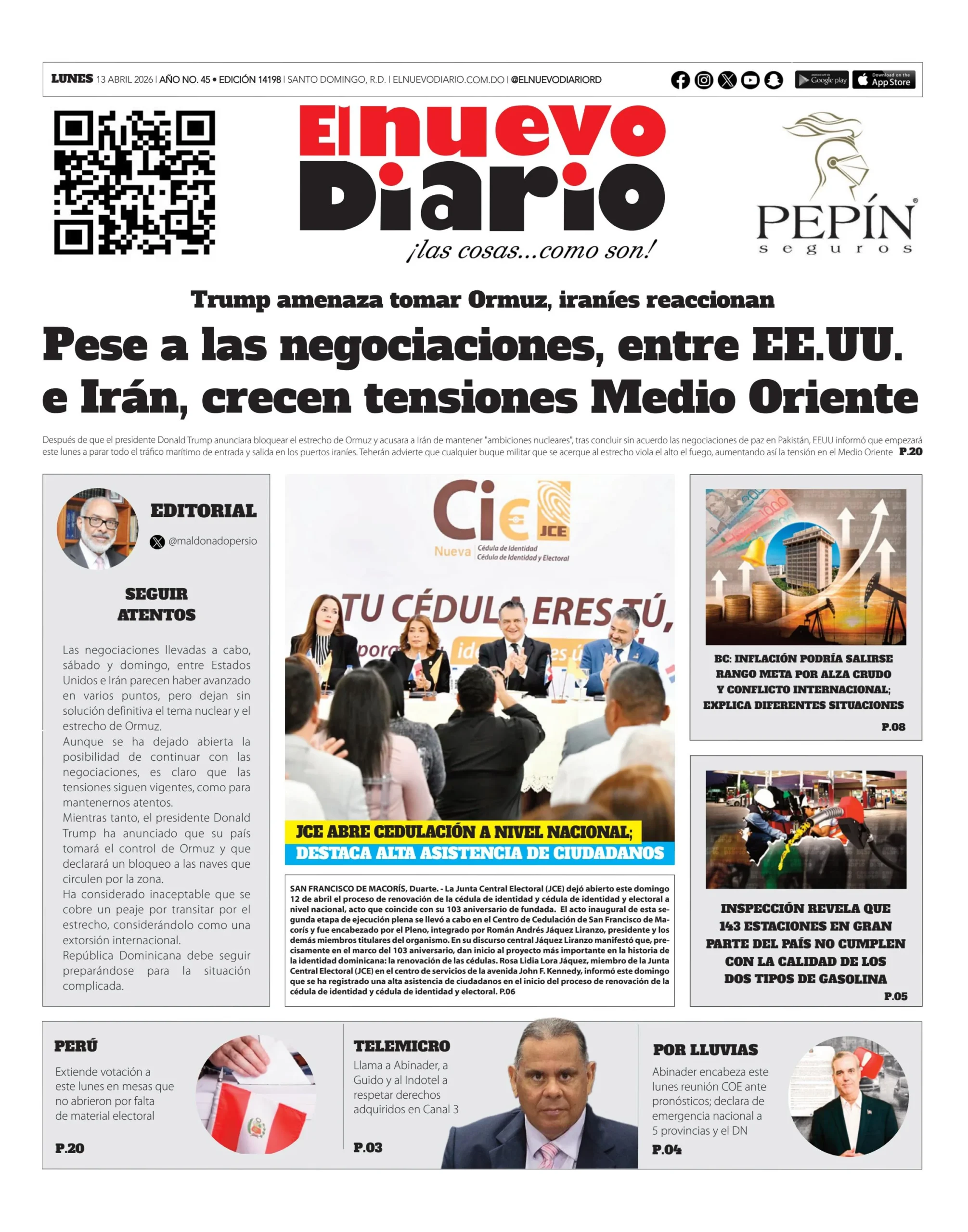 Portada Periódico El Nuevo Diario, Lunes 13, Abril 2026