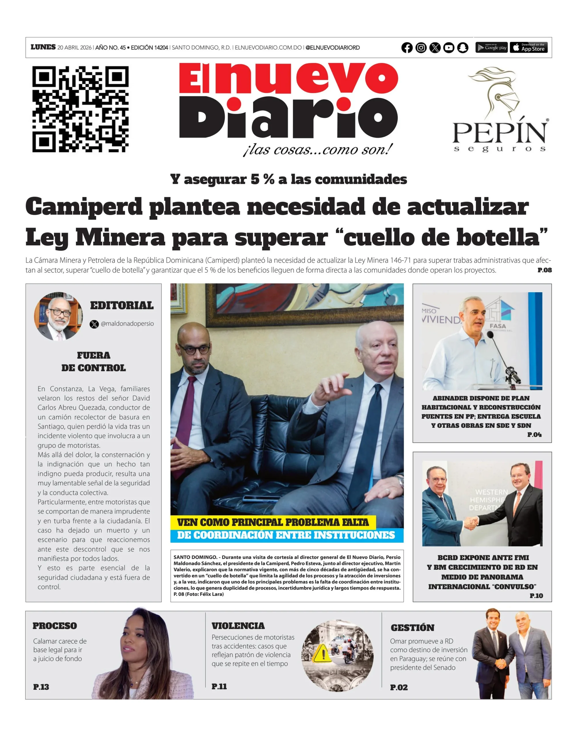 Portada Periódico El Nuevo Diario, Lunes 20, Abril 2026