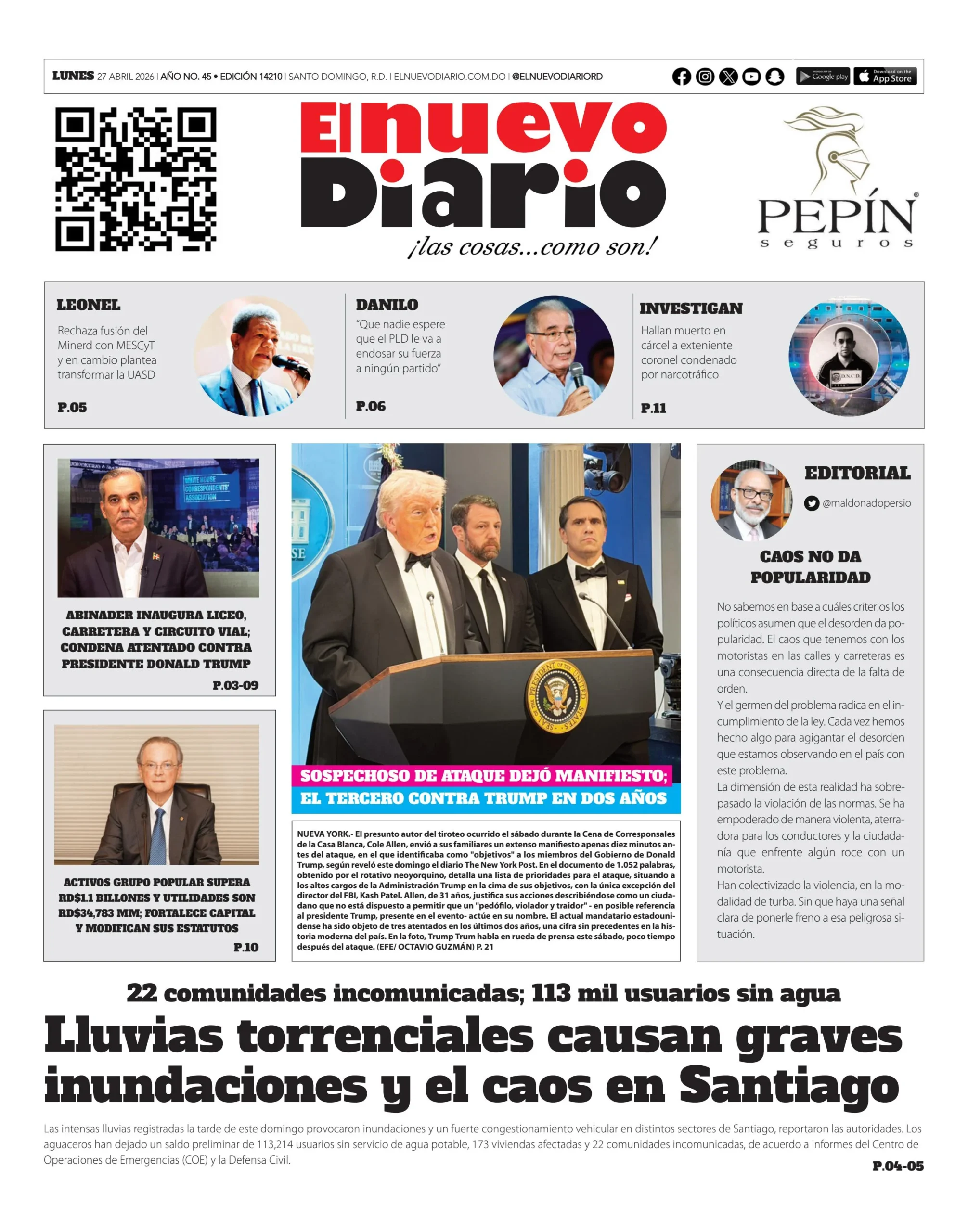 Portada Periódico El Nuevo Diario, Lunes 27, Abril 2026