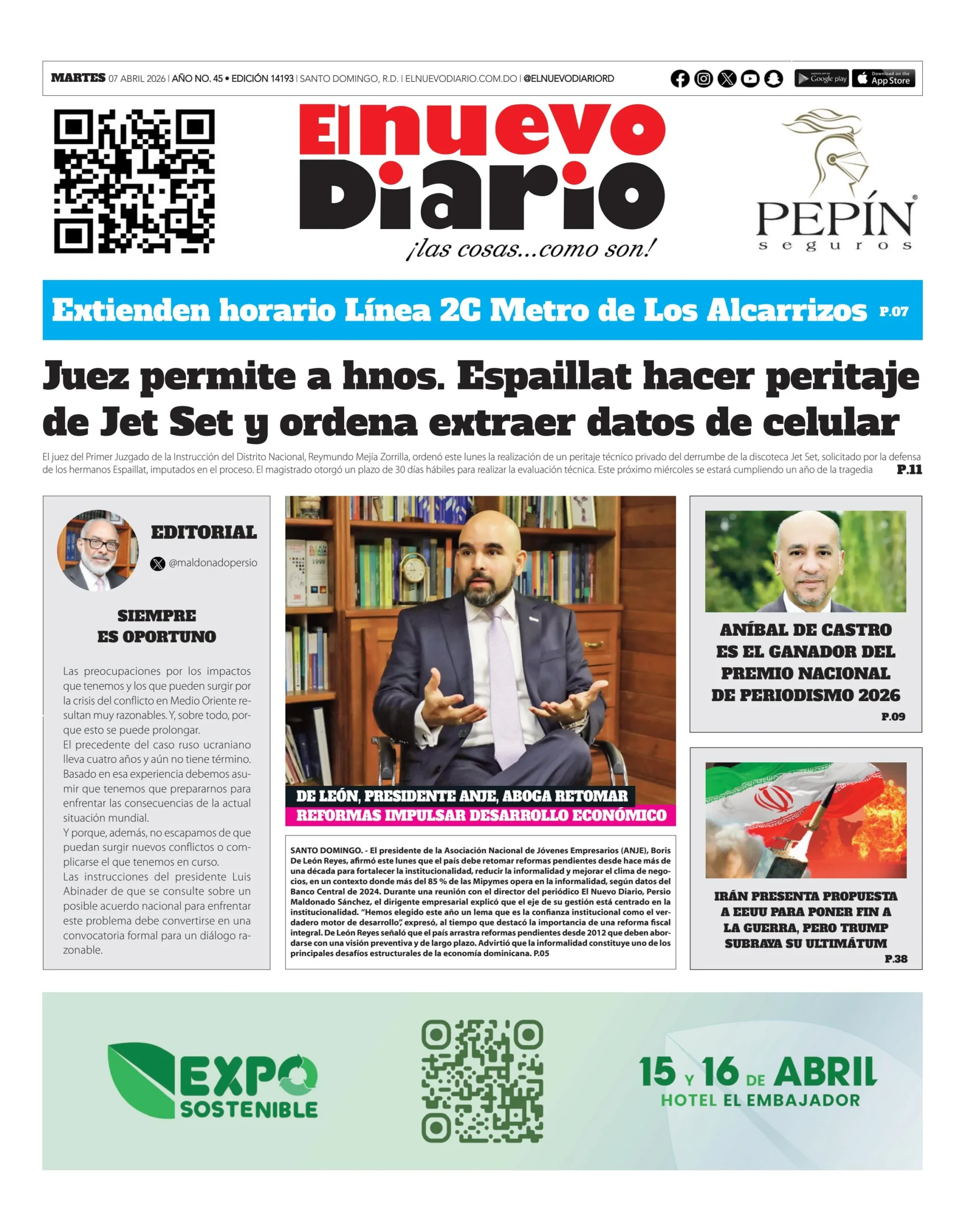 Portada Periódico El Nuevo Diario, Martes 07, Abril 2026