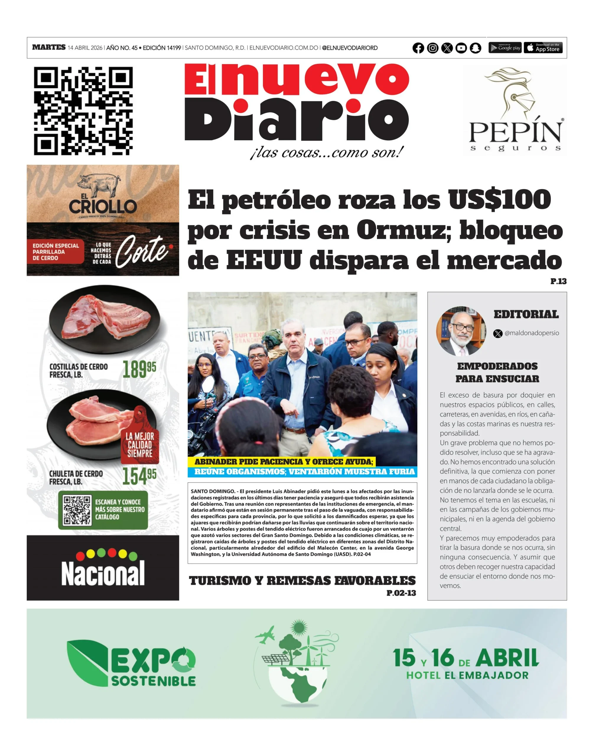 Portada Periódico El Nuevo Diario, Martes 14, Abril 2026