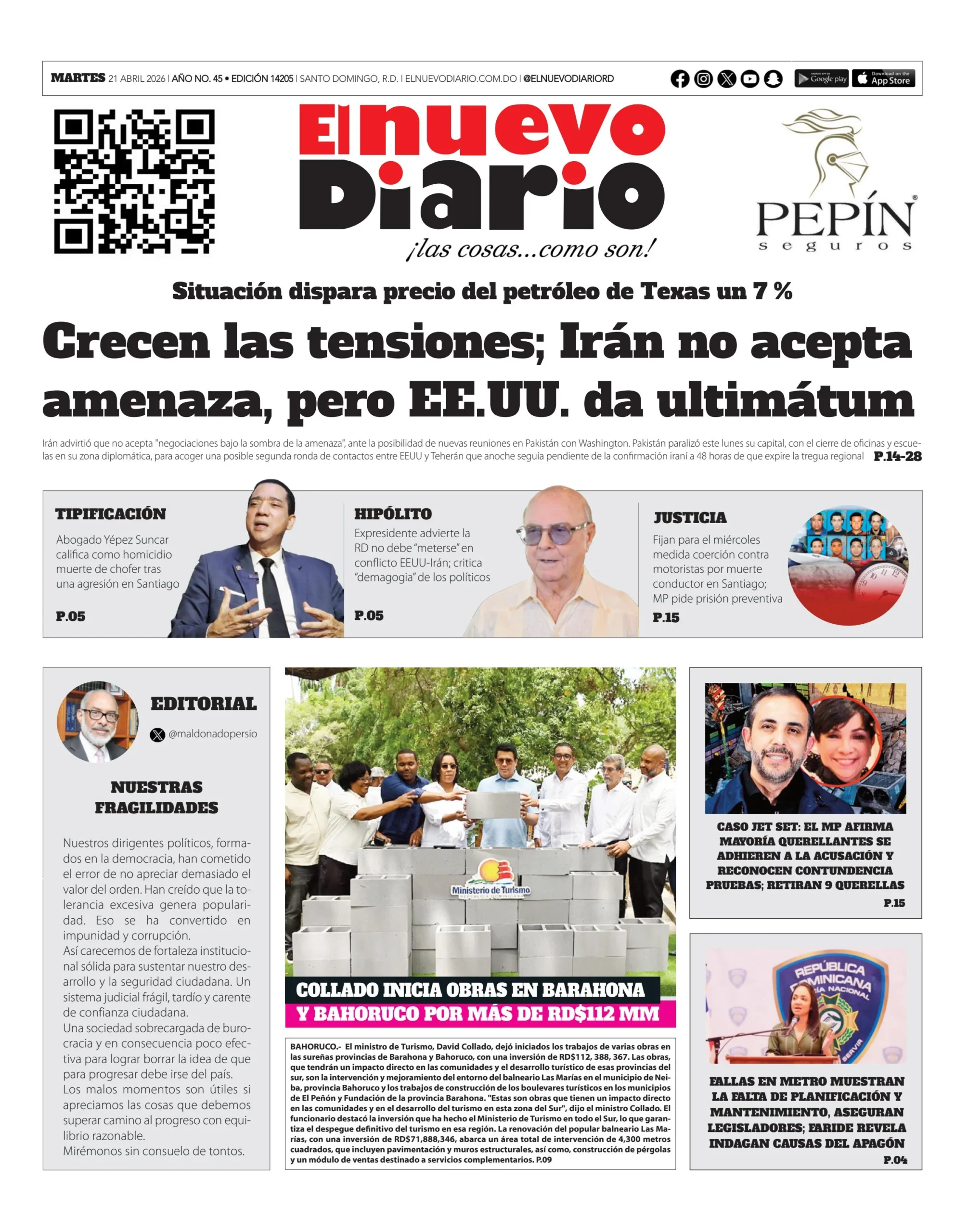 Portada Periódico El Nuevo Diario, Martes 21, Abril 2026