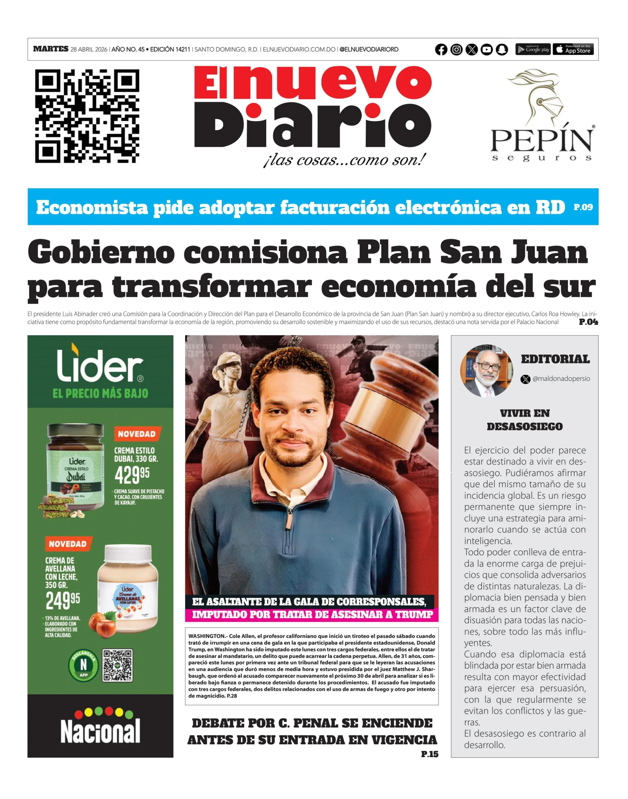 Portada Periódico El Nuevo Diario, Martes 28, Abril 2026
