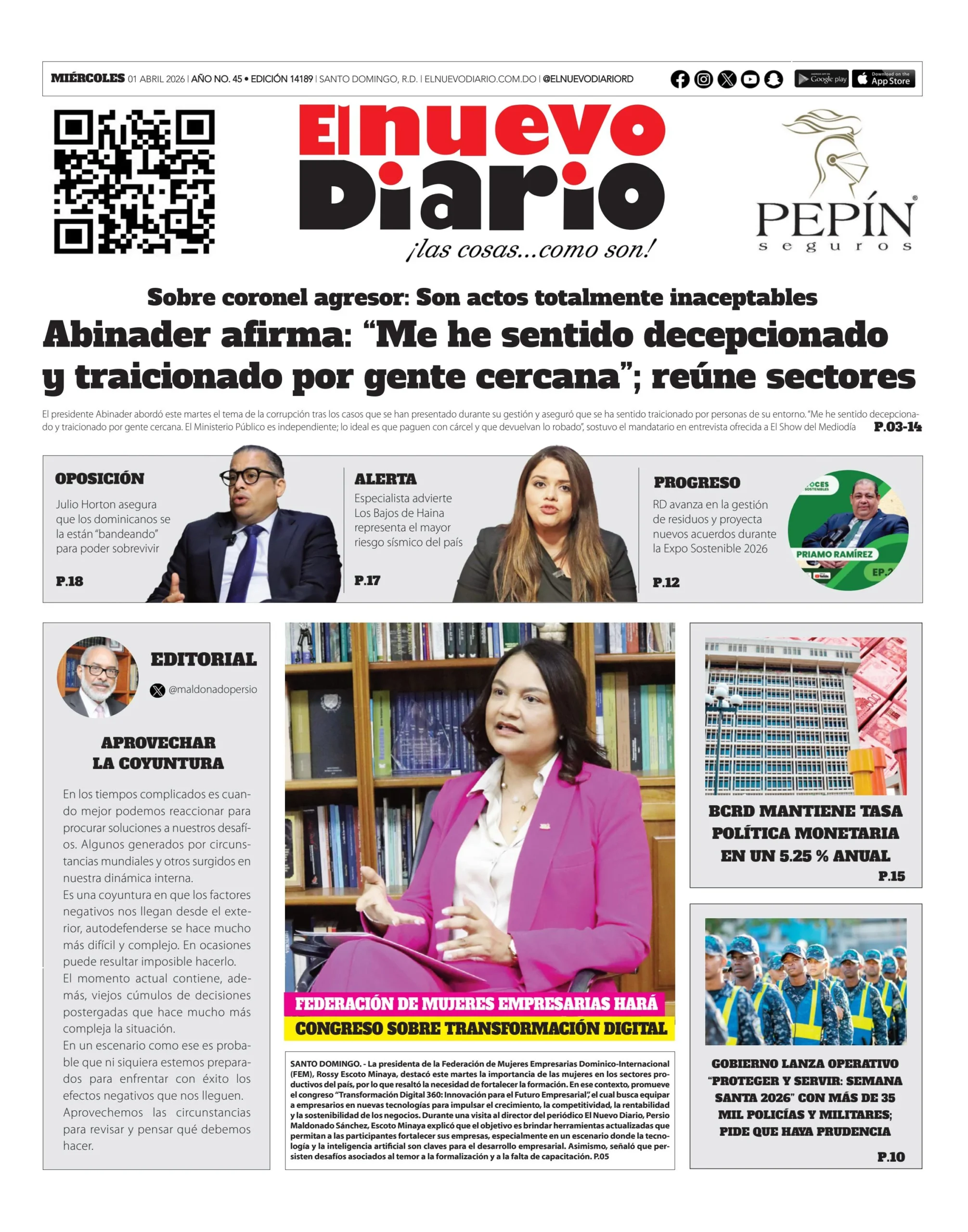 Portada Periódico El Nuevo Diario, Miércoles 01, Abril 2026