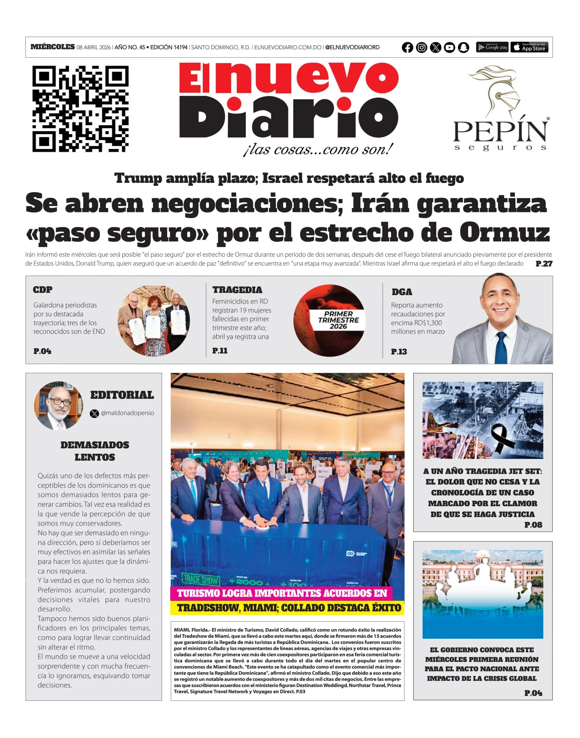Portada Periódico El Nuevo Diario, Miércoles 08, Abril 2026